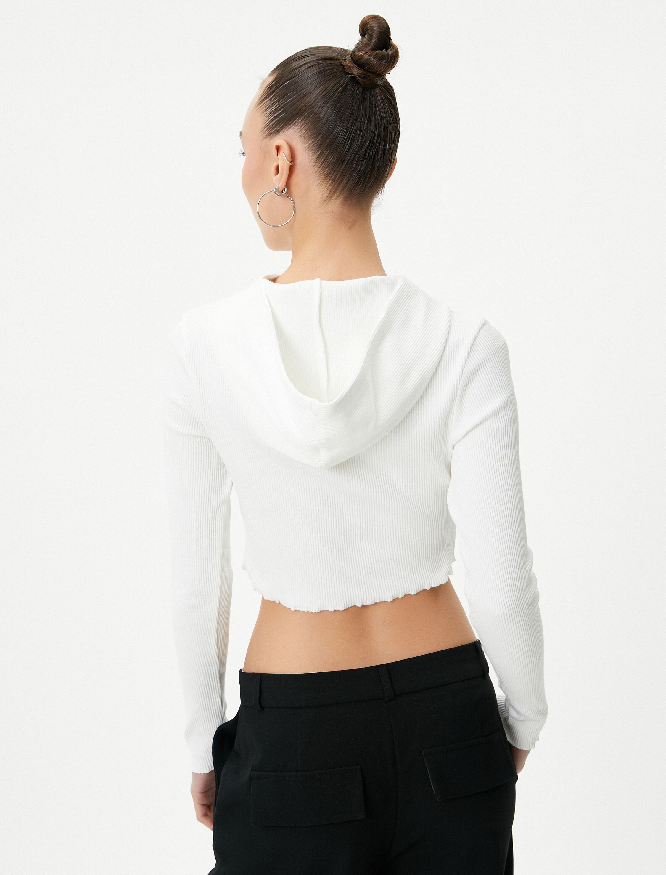   Ultra Crop Kapüşonlu Tişört Baskılı Uzun Kollu Ribanalı Pamuklu