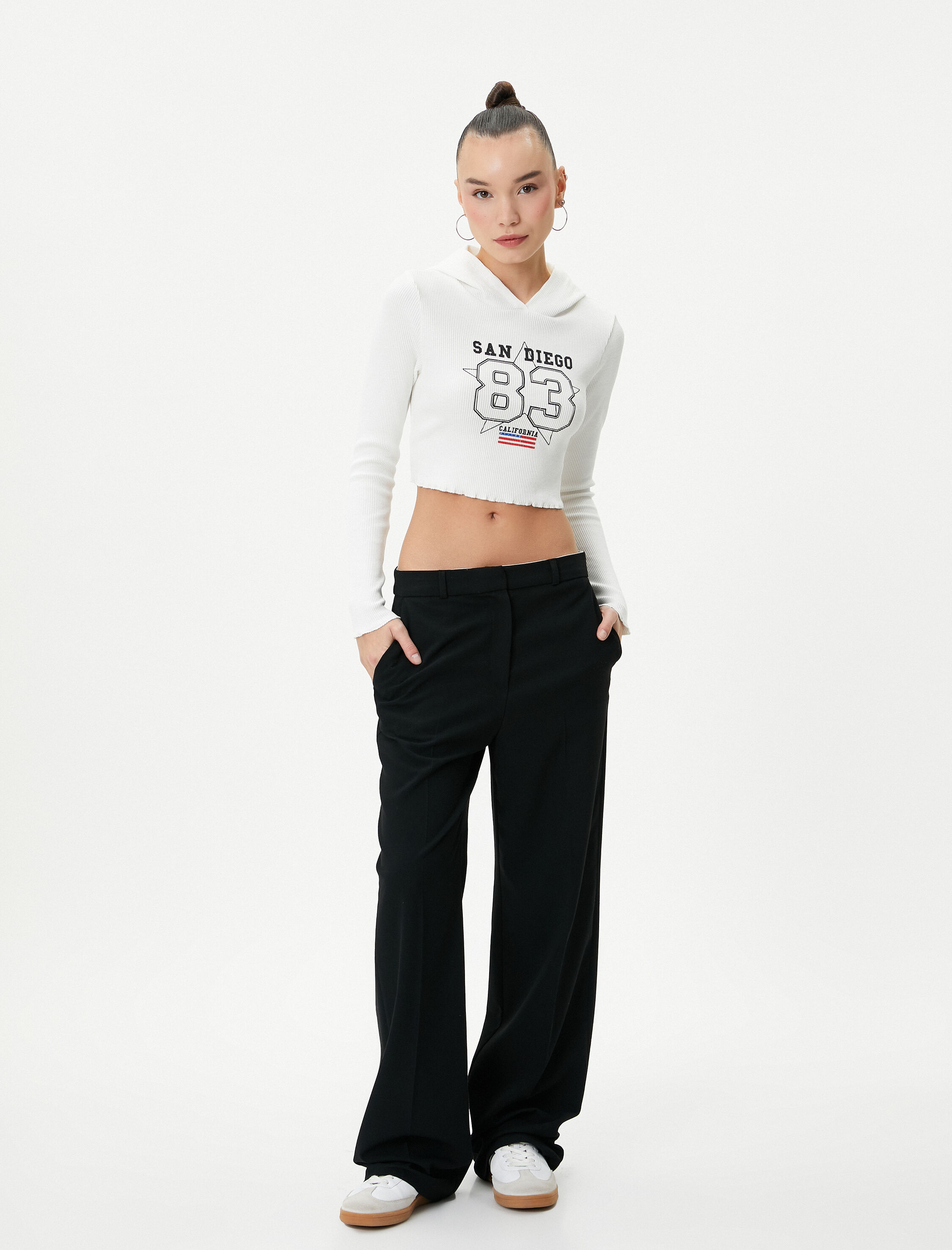   Ultra Crop Kapüşonlu Tişört Baskılı Uzun Kollu Ribanalı Pamuklu