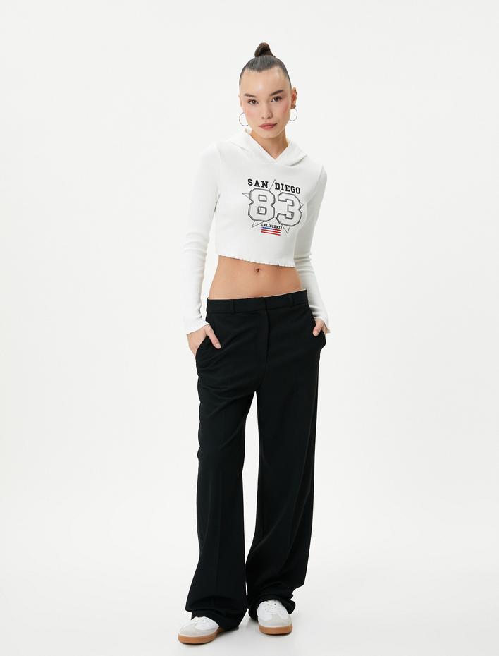  Ultra Crop Kapüşonlu Tişört Baskılı Uzun Kollu Ribanalı Pamuklu