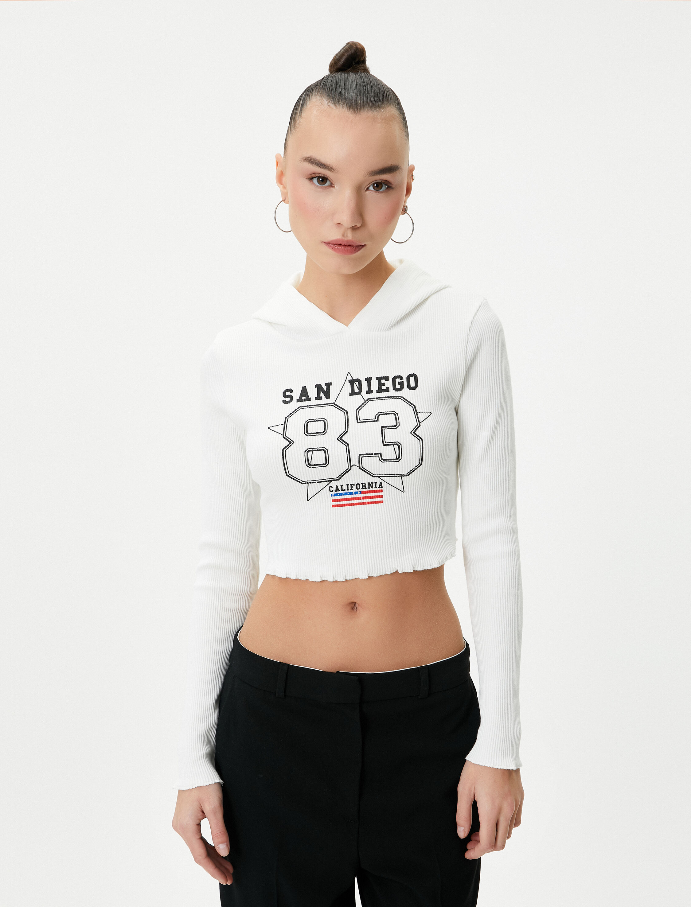   Ultra Crop Kapüşonlu Tişört Baskılı Uzun Kollu Ribanalı Pamuklu