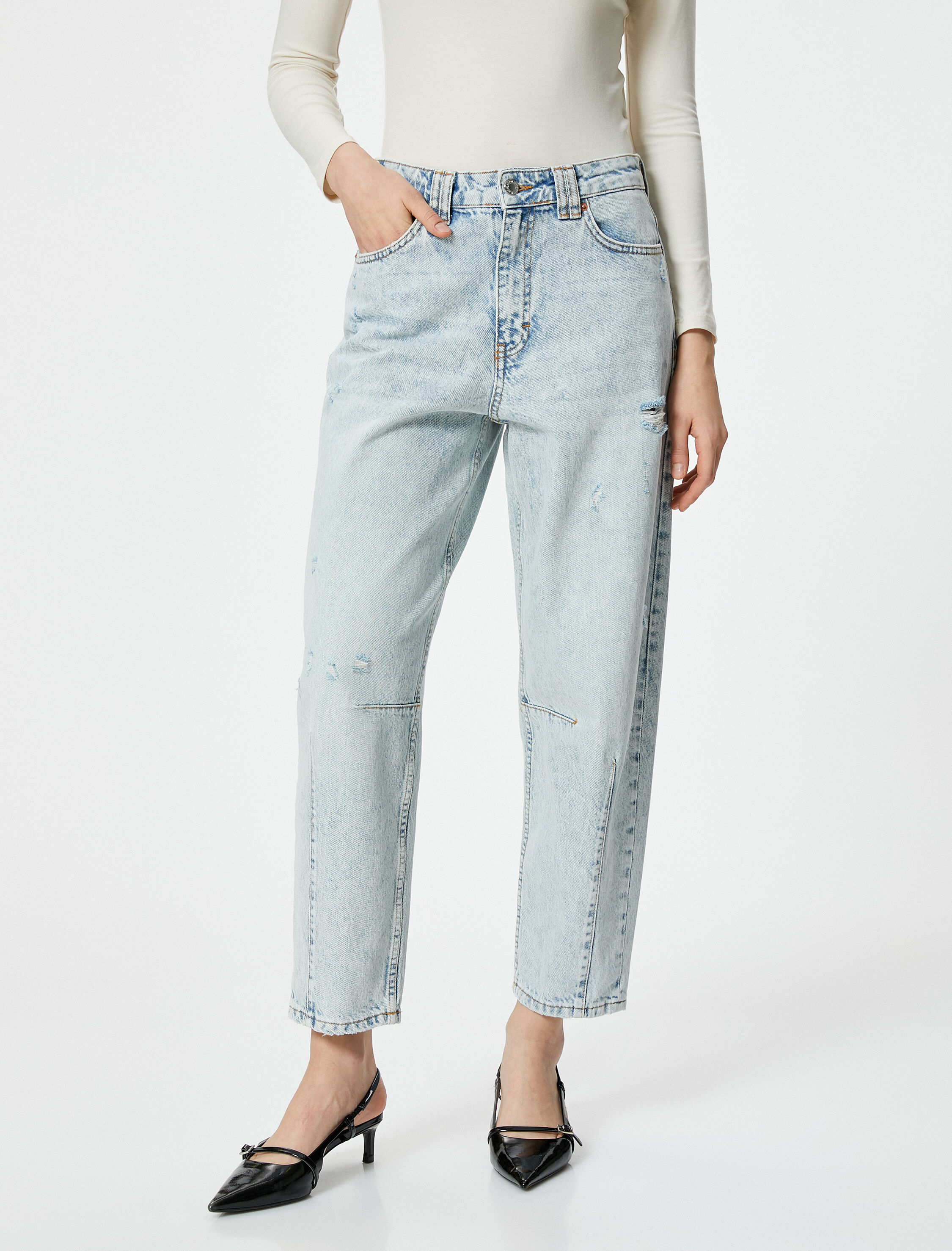   Balon Fit Straight Jean Kot Pantolon Crop Paça Cepli Pamuklu - Lucy Jean