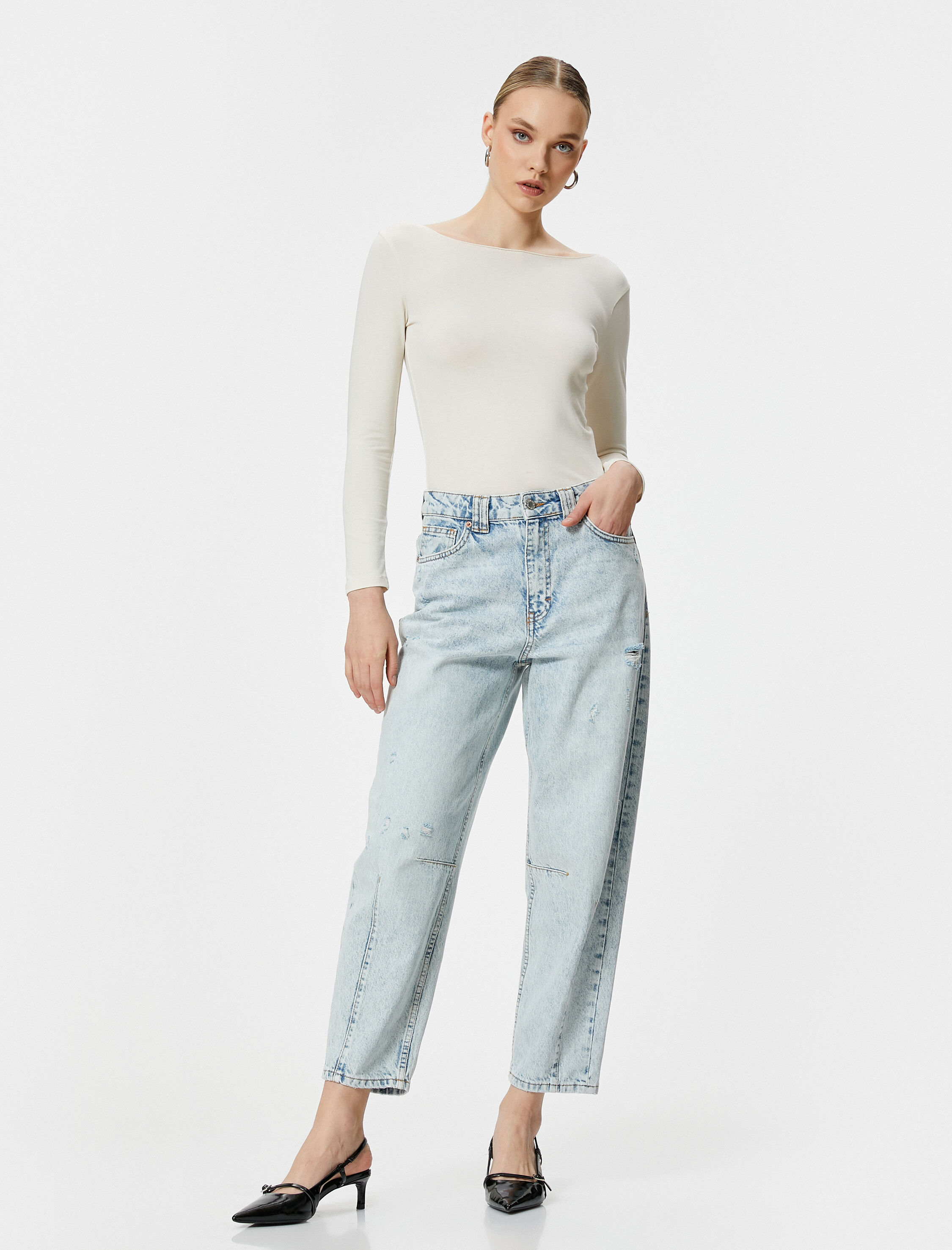   Balon Fit Straight Jean Kot Pantolon Crop Paça Cepli Pamuklu - Lucy Jean