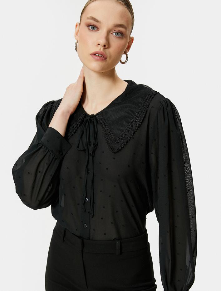  Şifon Gömlek Bebe Yaka Balon Kollu Dokulu Düğmeli