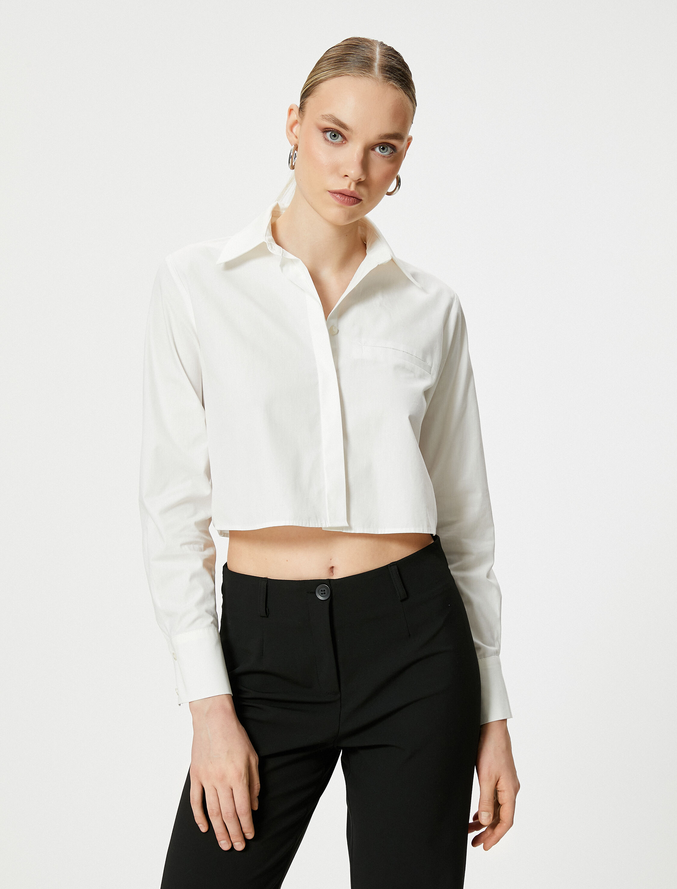   Crop Gömlek Cepli Düğmeli Uzun Kollu Pamuklu