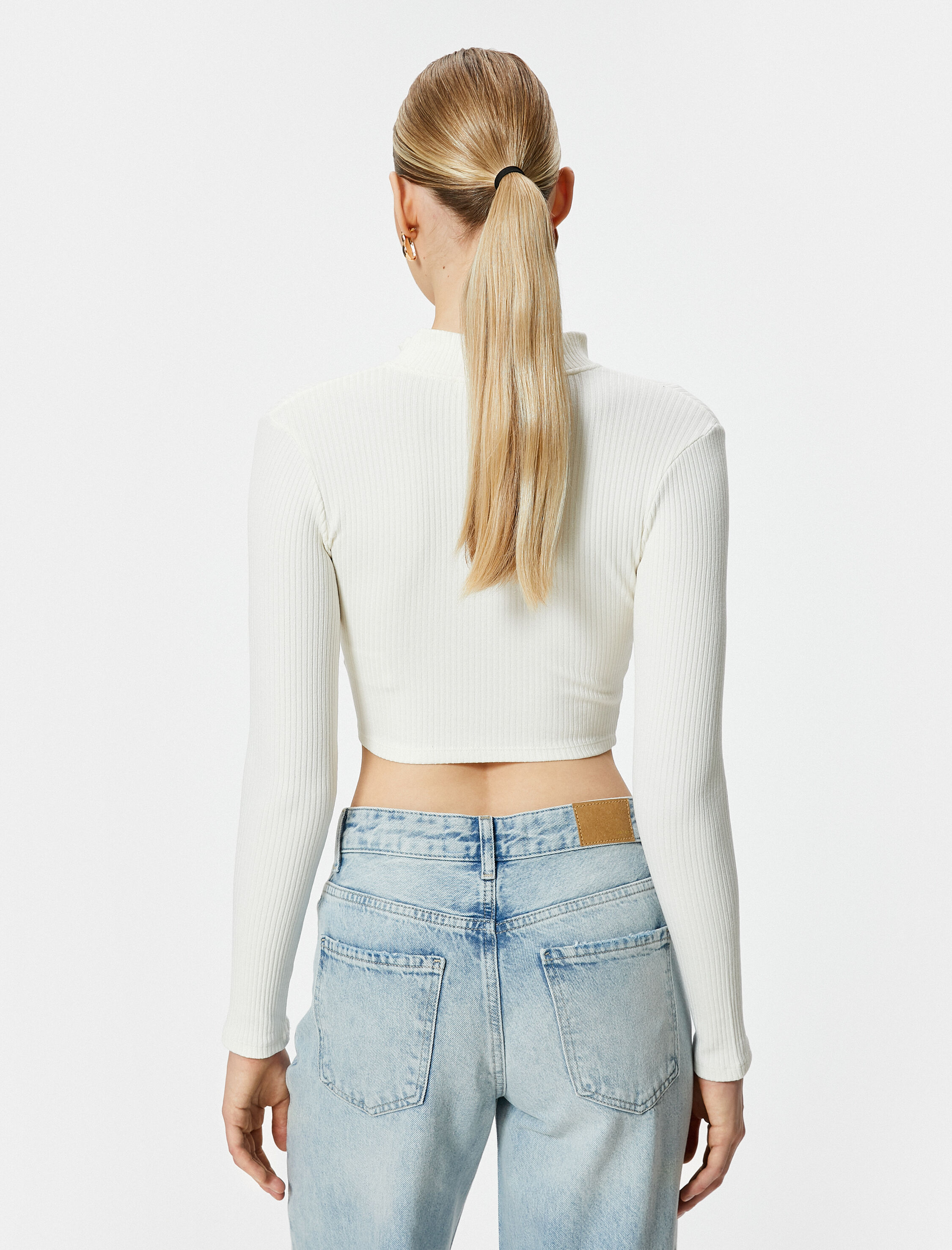   Crop Hırka Fermuarlı Dik Yaka Fitilli Viskon Karışımlı