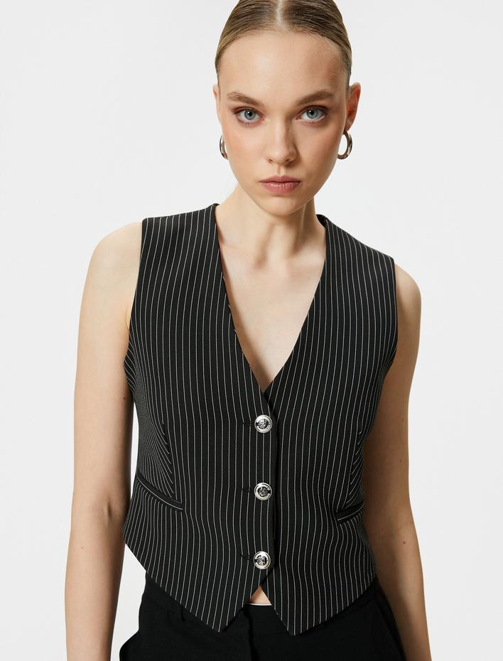  Blazer Yelek V Yaka Metal Düğmeli Cepli