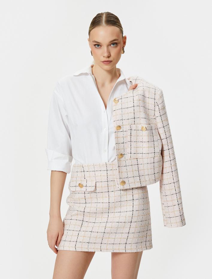  Tüvit Mini Etek Gold Düğmeli Yüksek Bel