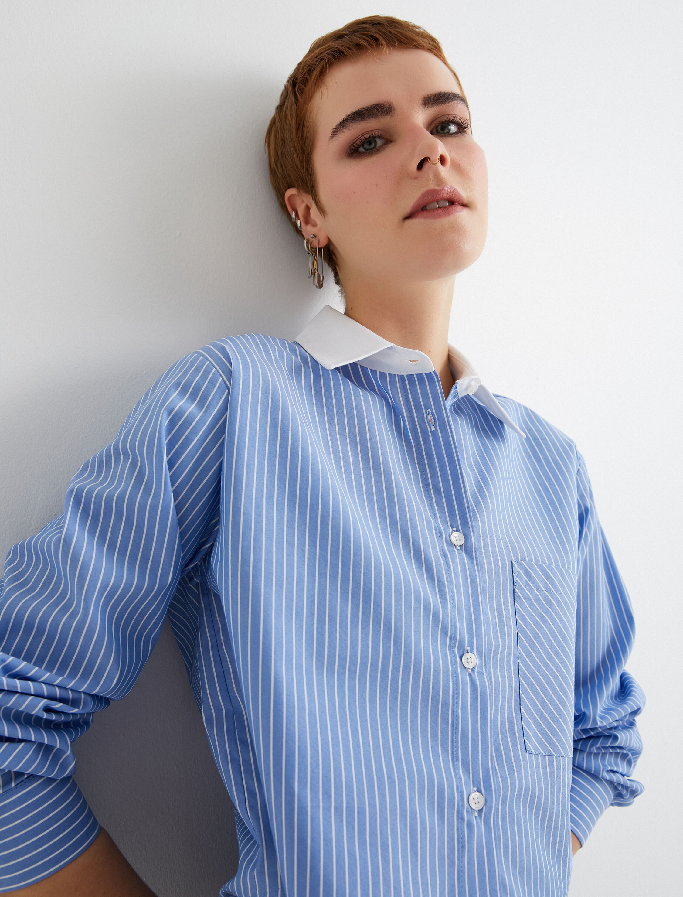   Crop Gömlek Renk Kontrastlı Uzun Kollu Tek Cepli Pamuklu