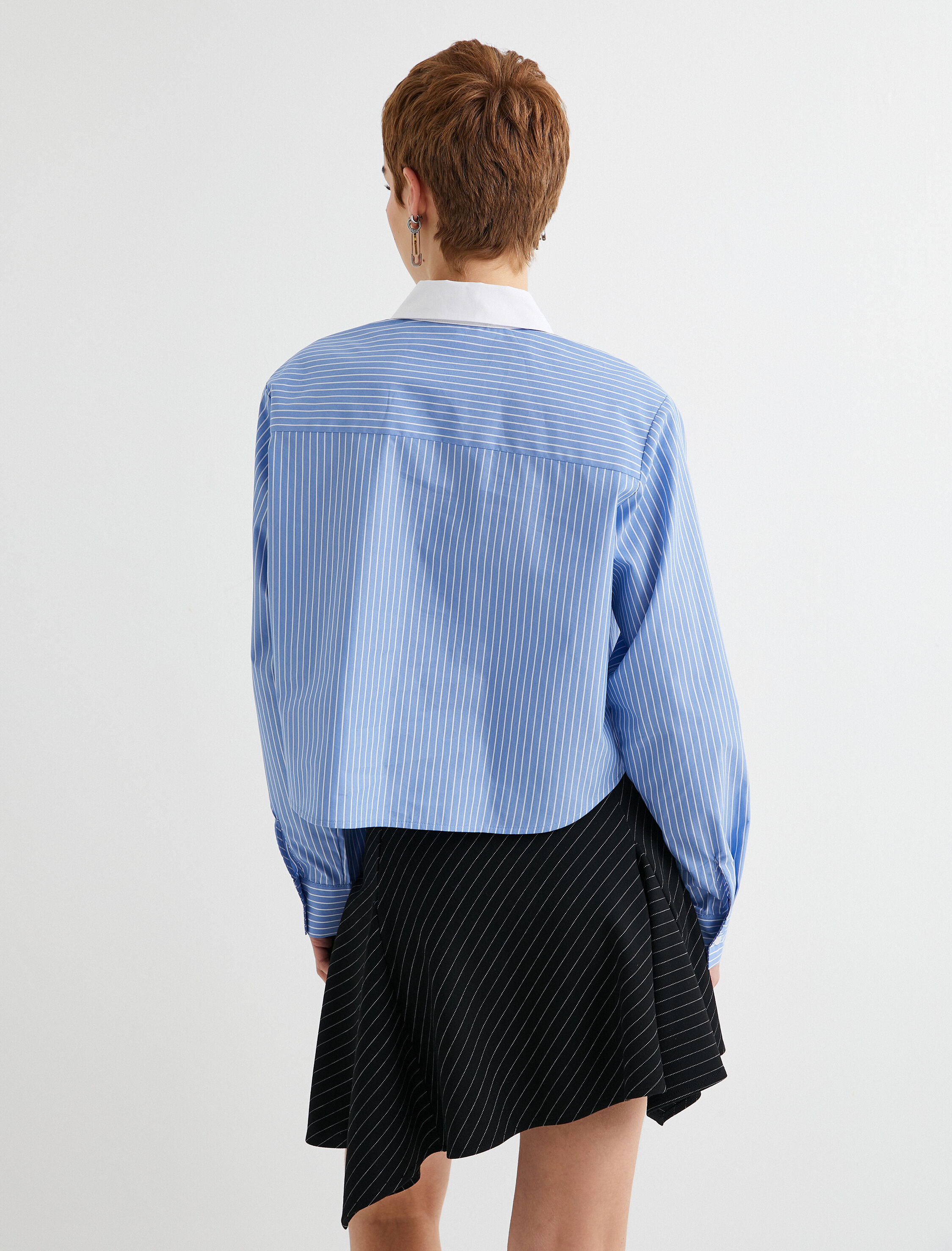   Crop Gömlek Renk Kontrastlı Uzun Kollu Tek Cepli Pamuklu