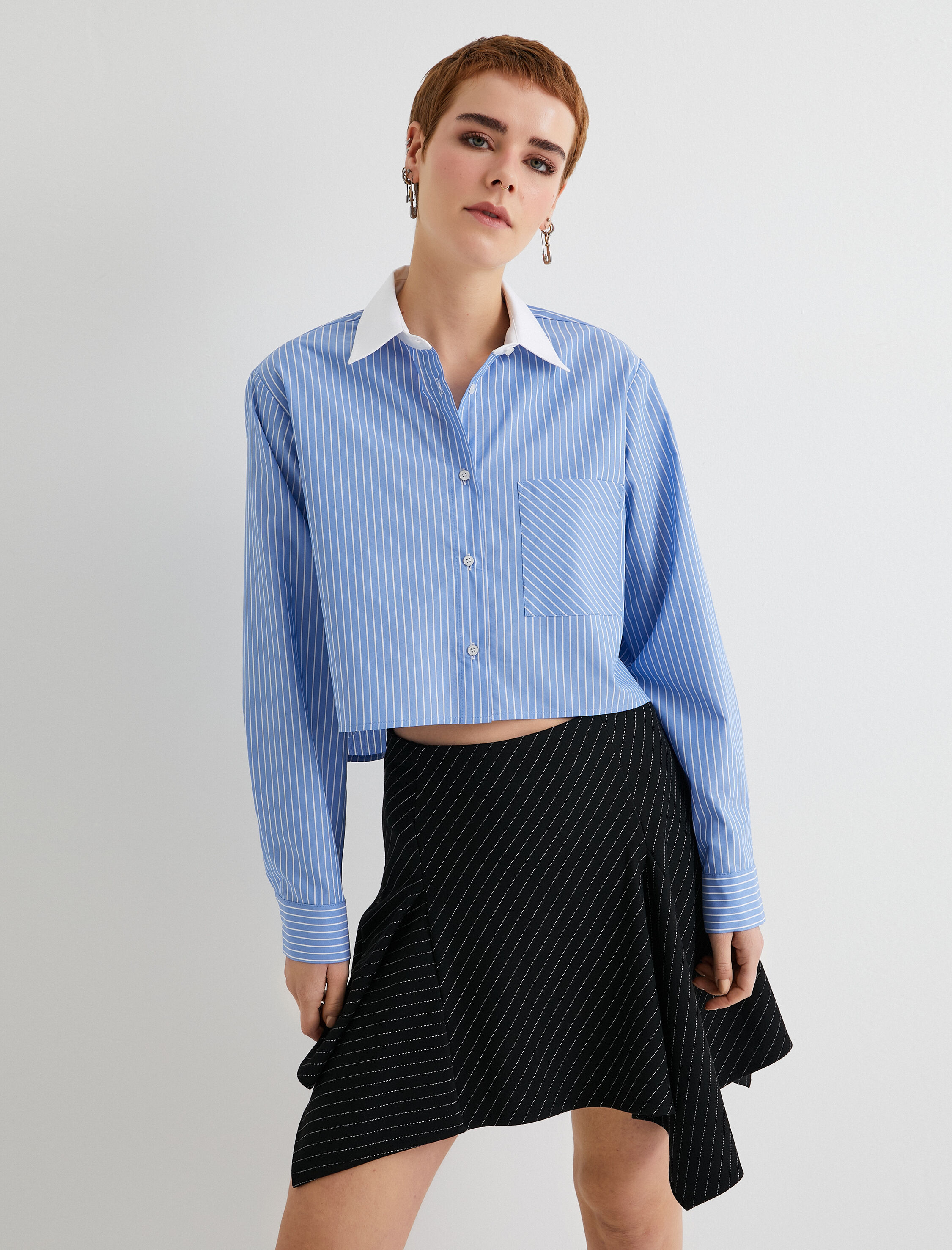   Crop Gömlek Renk Kontrastlı Uzun Kollu Tek Cepli Pamuklu