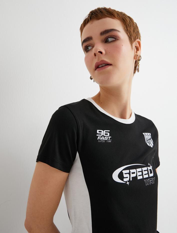  Crop Tişört Renk Bloklu Kısa Kollu Bisiklet Yaka