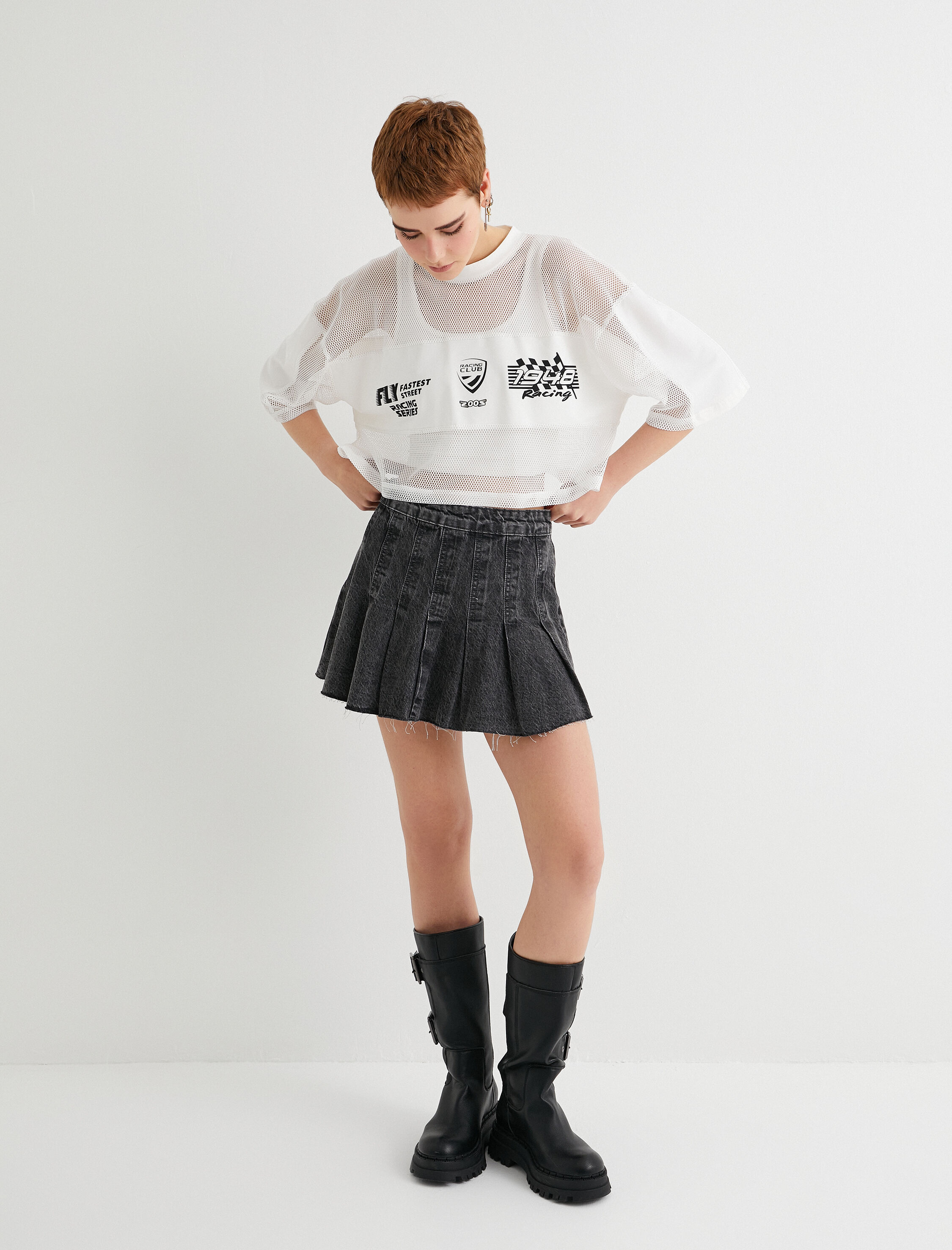   File Tişört Rahat Kalıp Kısa Kollu Bisiklet Yaka Baskılı