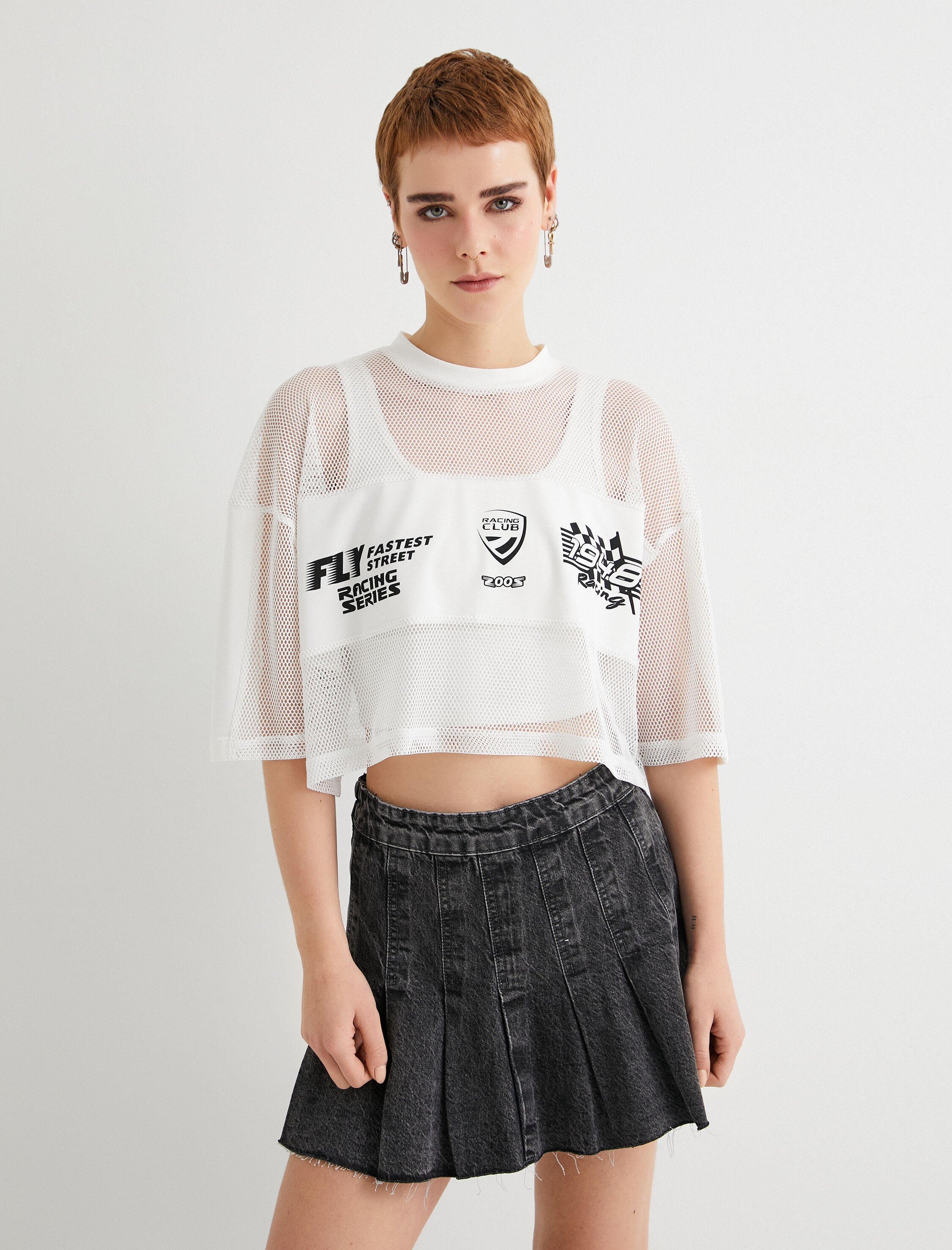   File Tişört Rahat Kalıp Kısa Kollu Bisiklet Yaka Baskılı