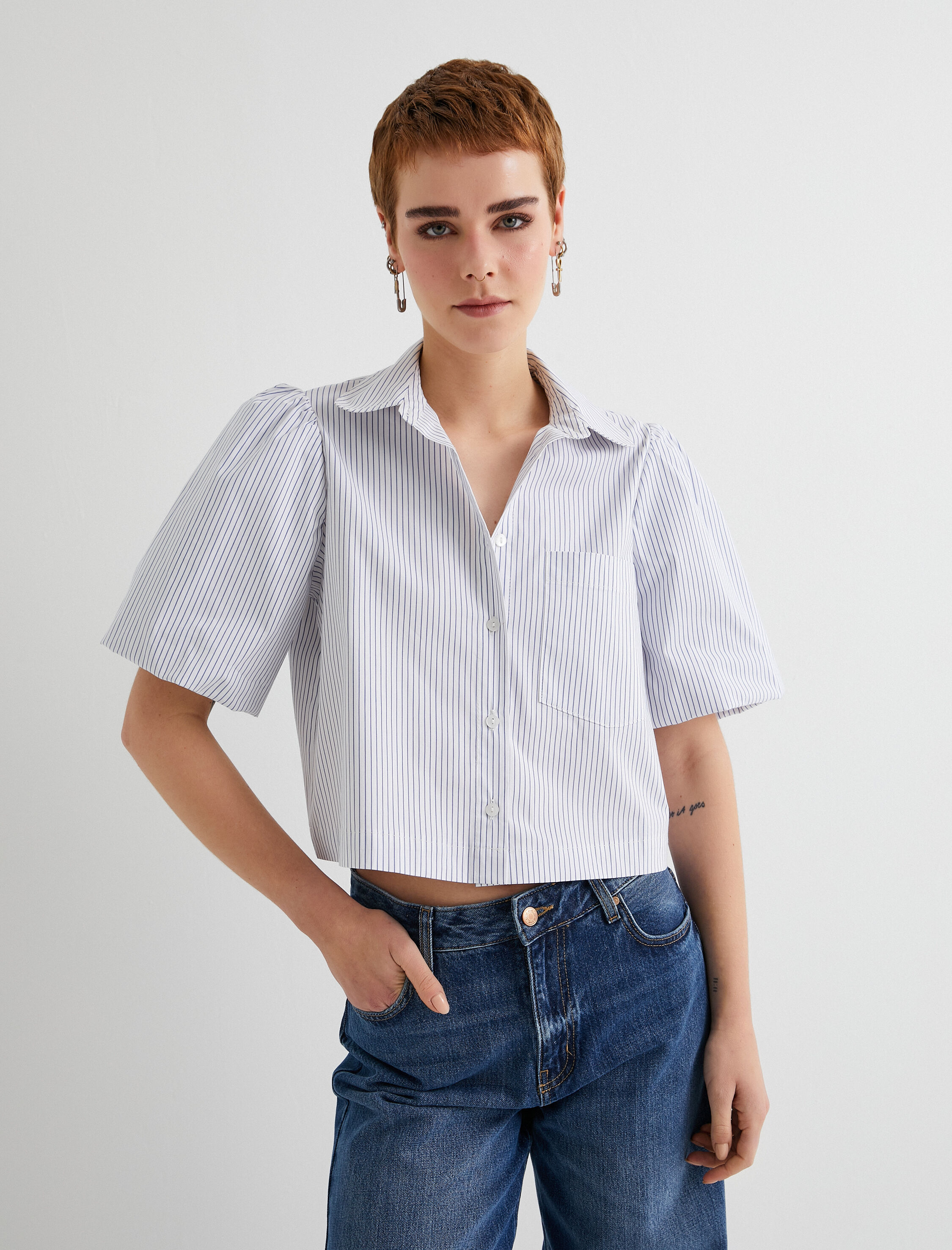   Crop Gömlek Kısa Balon Kollu Tek Cepli Pamuklu