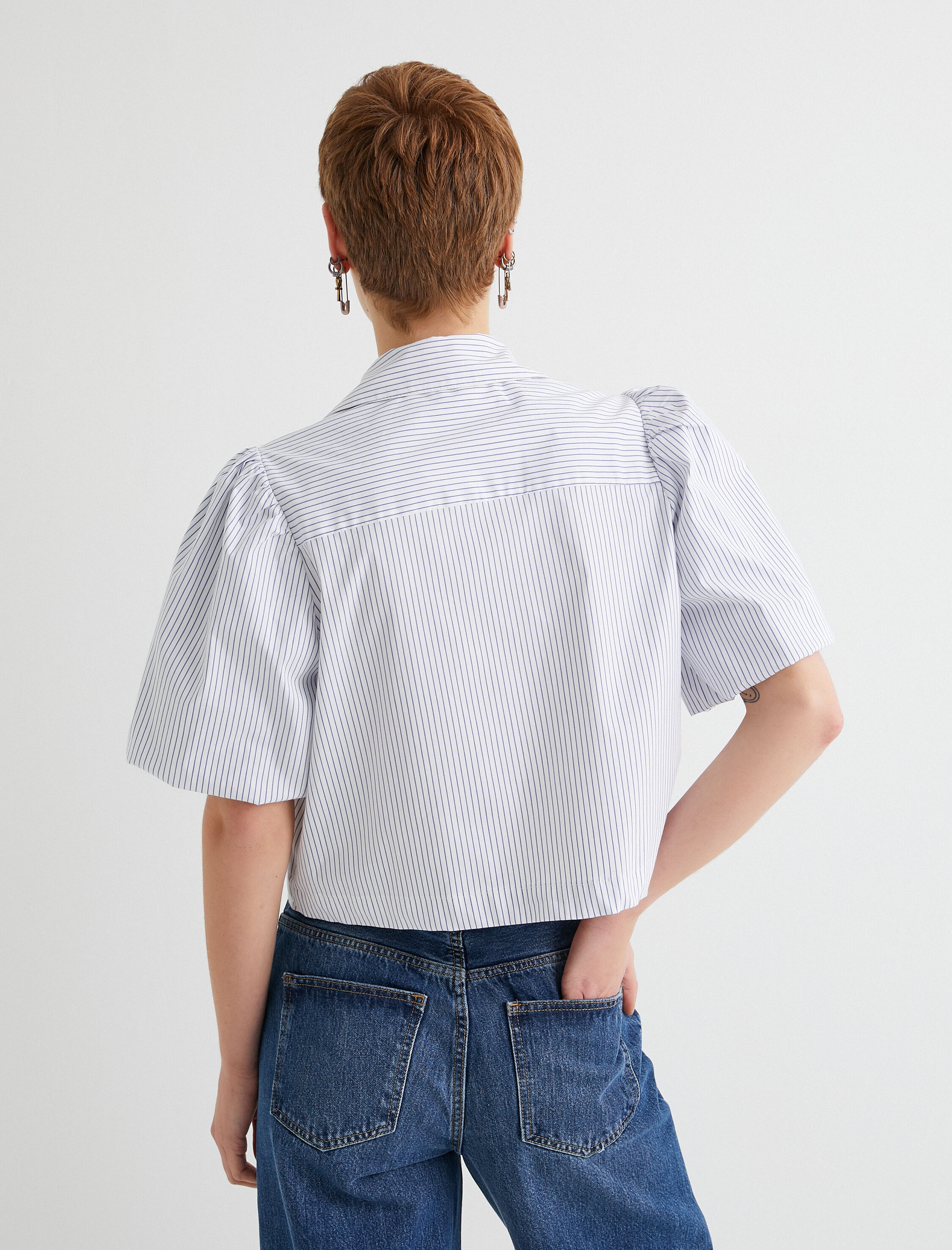   Crop Gömlek Kısa Balon Kollu Tek Cepli Pamuklu