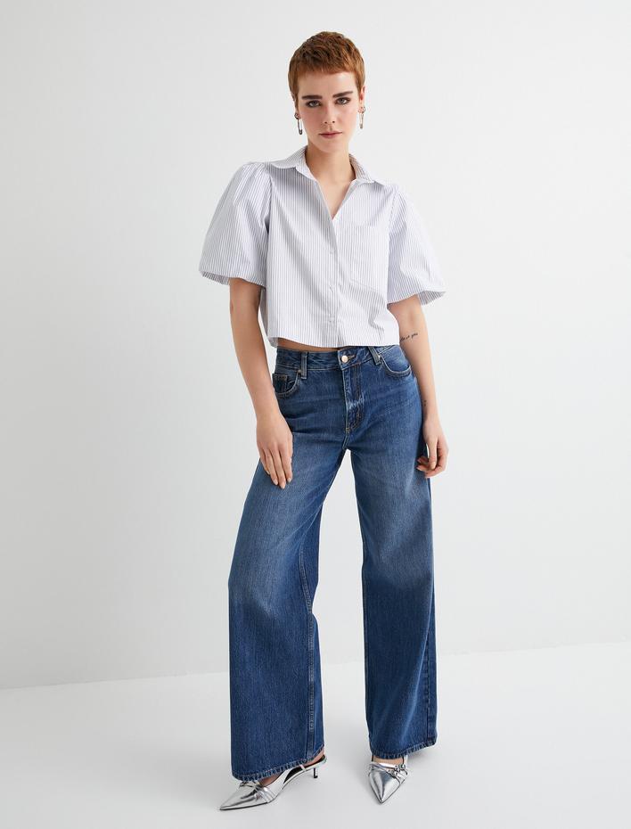  Crop Gömlek Kısa Balon Kollu Tek Cepli Pamuklu