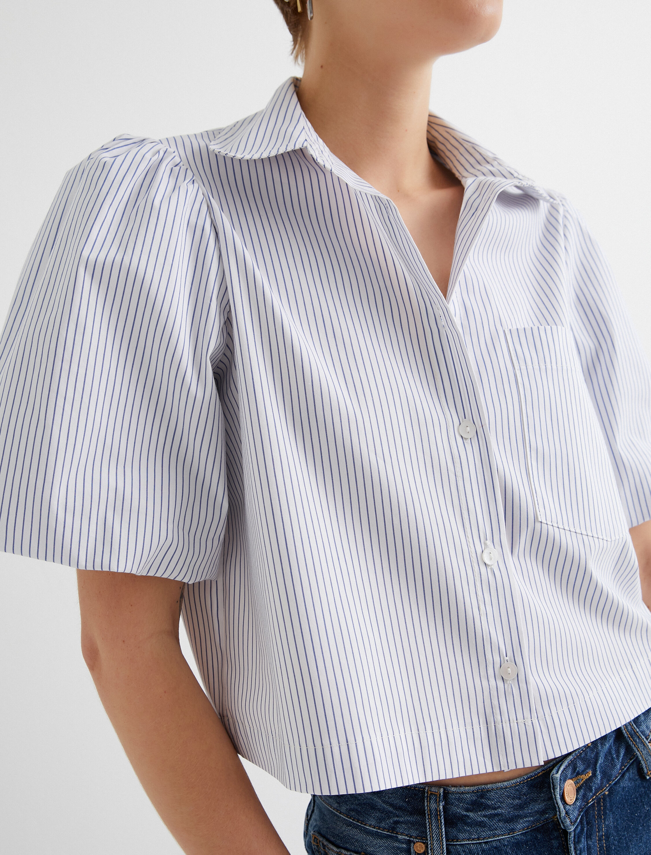   Crop Gömlek Kısa Balon Kollu Tek Cepli Pamuklu