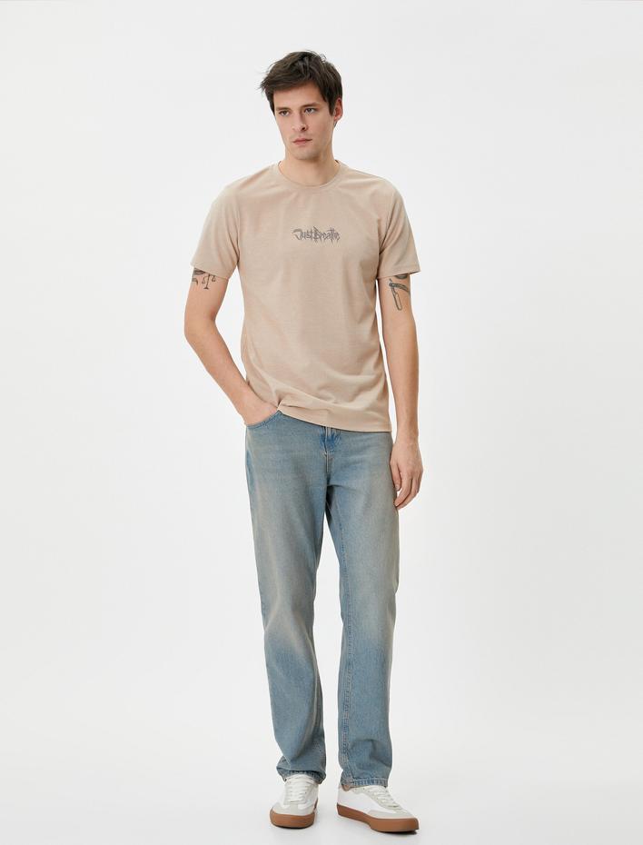  Slogan Baskılı Tişört Bisiklet Yaka Kısa Kollu