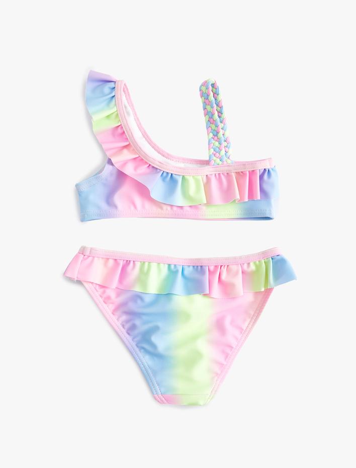 Kız Çocuk Bikini Takımı Fırfırlı Tek Omuz İnce Askılı