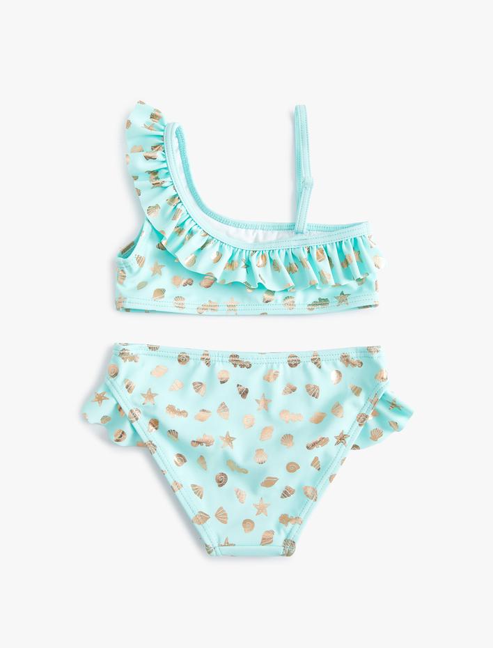 Kız Çocuk Bikini Takımı Parlak Baskılı Fırfırlı Tek Omuz İnce Askılı