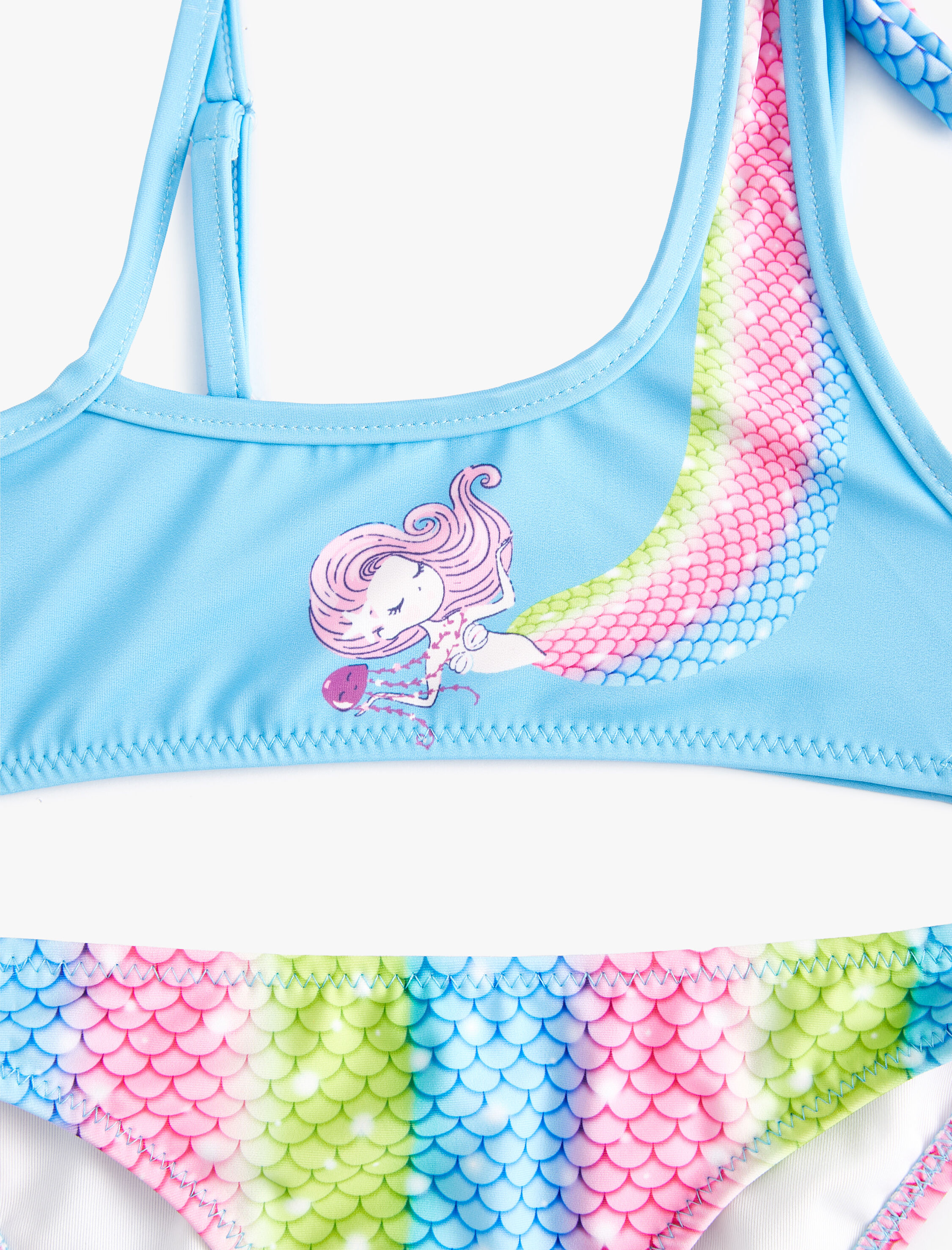  Kız Çocuk Bikini Takımı Deniz Kızı Baskılı Tek Omuz İnce Askı Detaylı