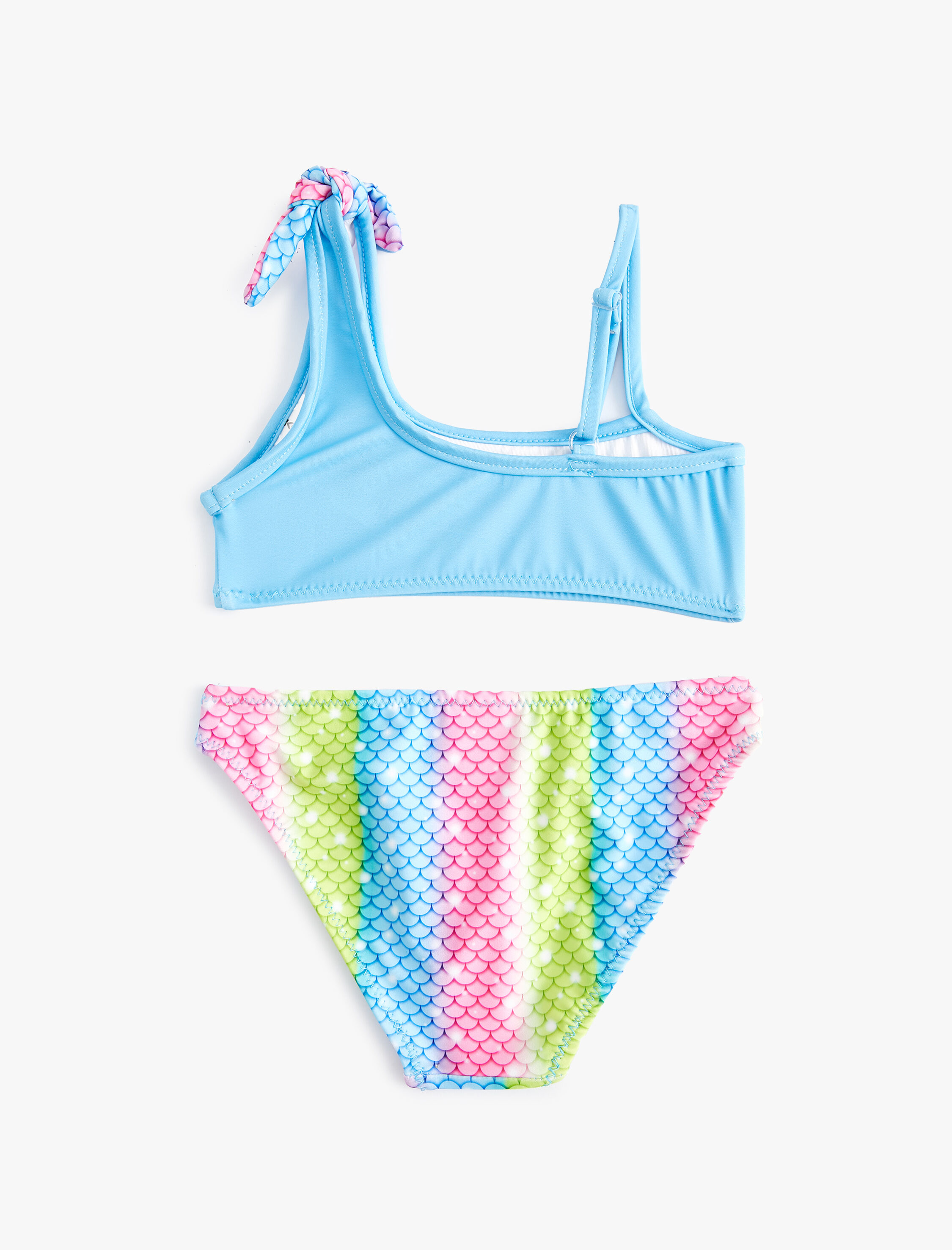  Kız Çocuk Bikini Takımı Deniz Kızı Baskılı Tek Omuz İnce Askı Detaylı