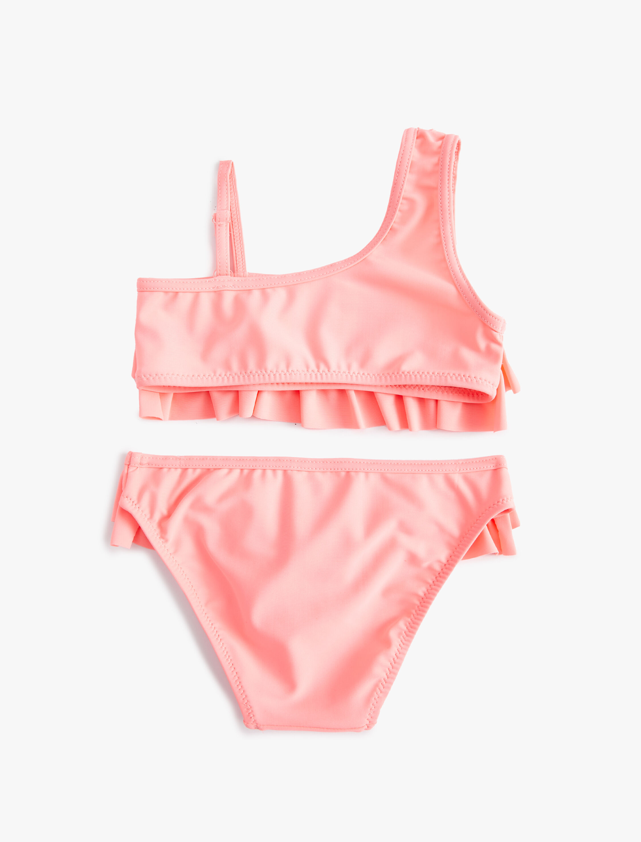  Kız Çocuk Somon Renk Bikini Takımı Fırfırlı Tek Omuz İnce Askı Detaylı