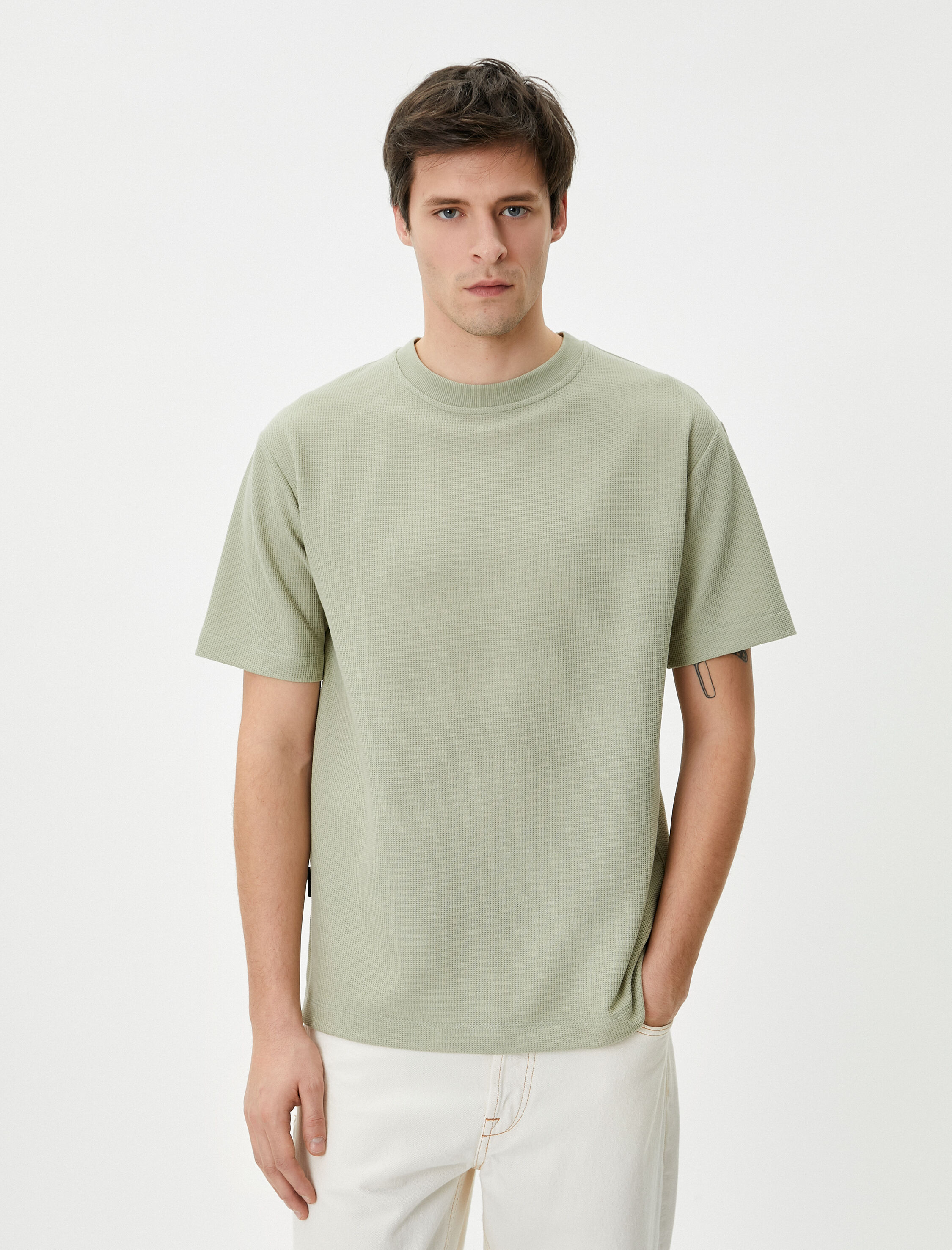   Basic Tişört Kısa Kollu Bisiklet Yaka Dokulu