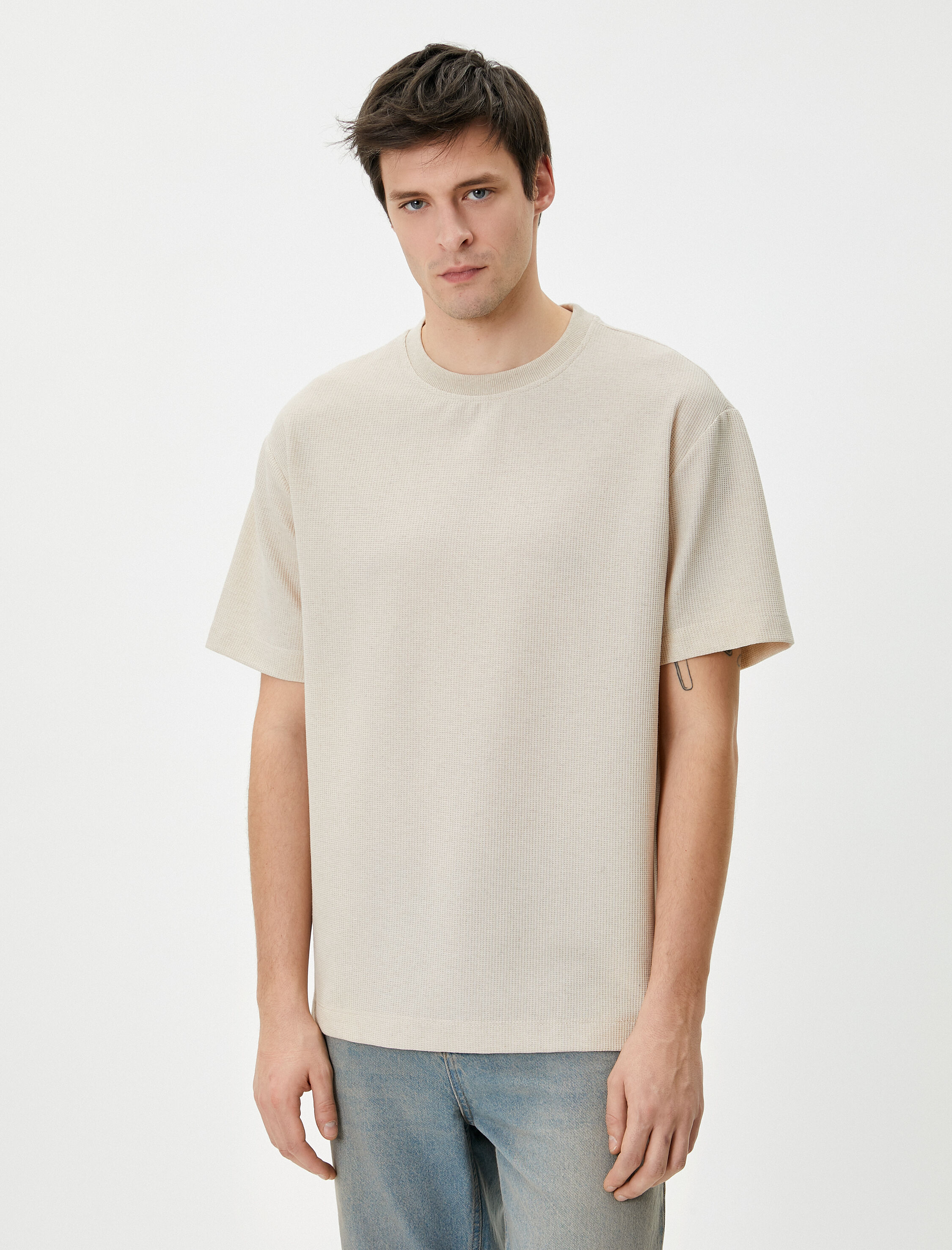   Basic Tişört Kısa Kollu Bisiklet Yaka Dokulu