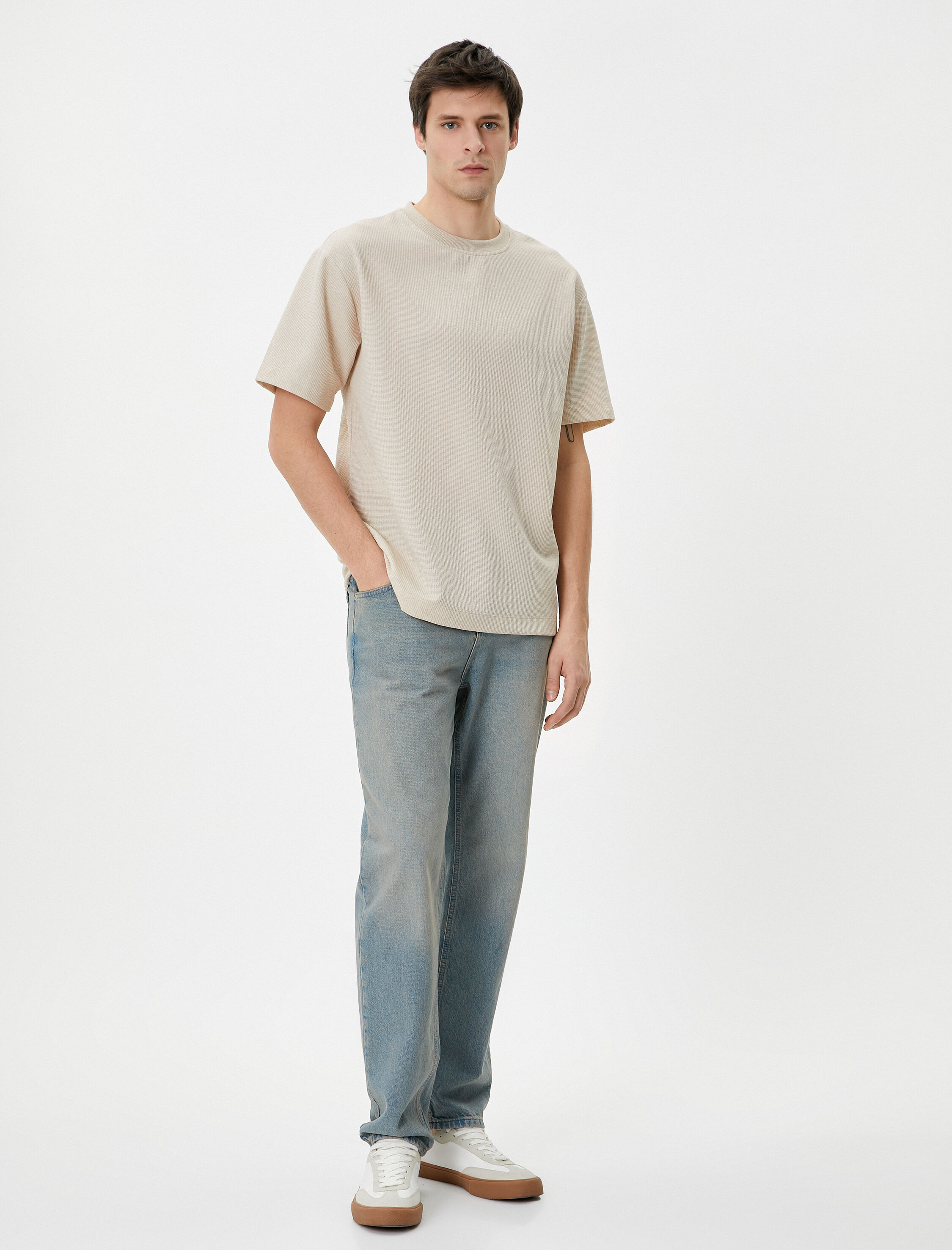   Basic Tişört Kısa Kollu Bisiklet Yaka Dokulu