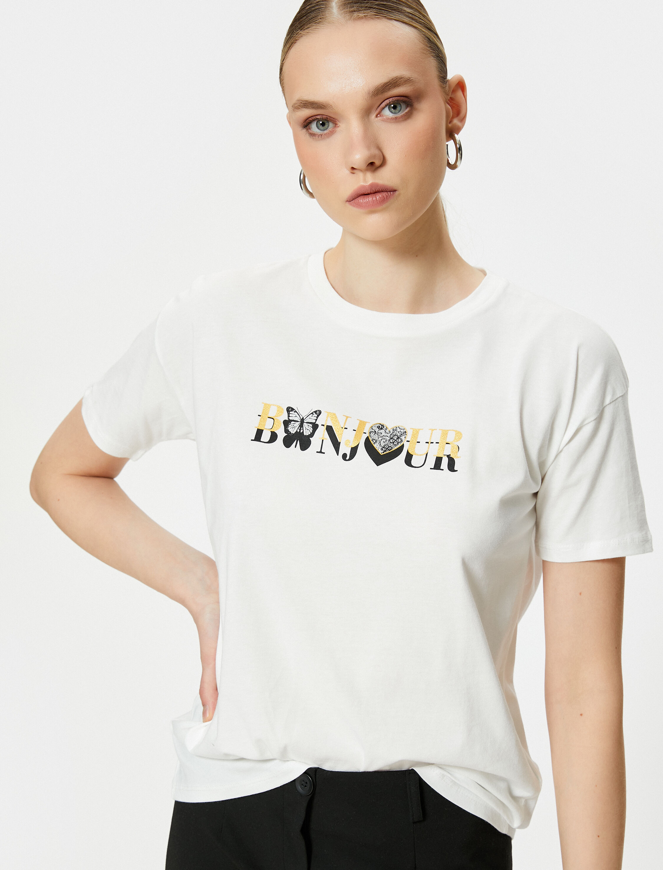   Baskılı Tişört Kısa Kollu Bisiklet Yaka Pamuklu