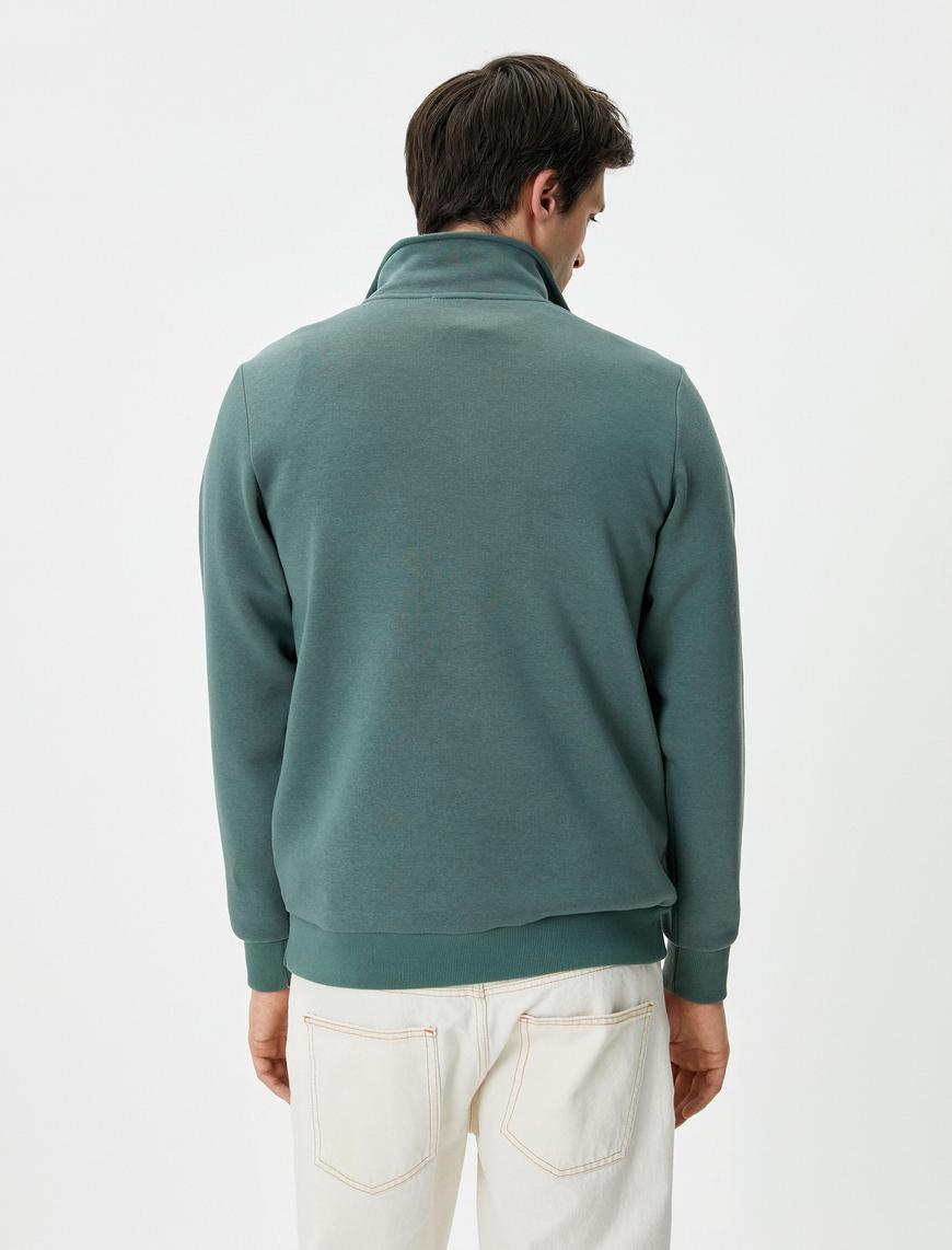   Yarım Fermuarlı Sweatshirt Basic Dik Yaka Ribanalı Uzun Kollu