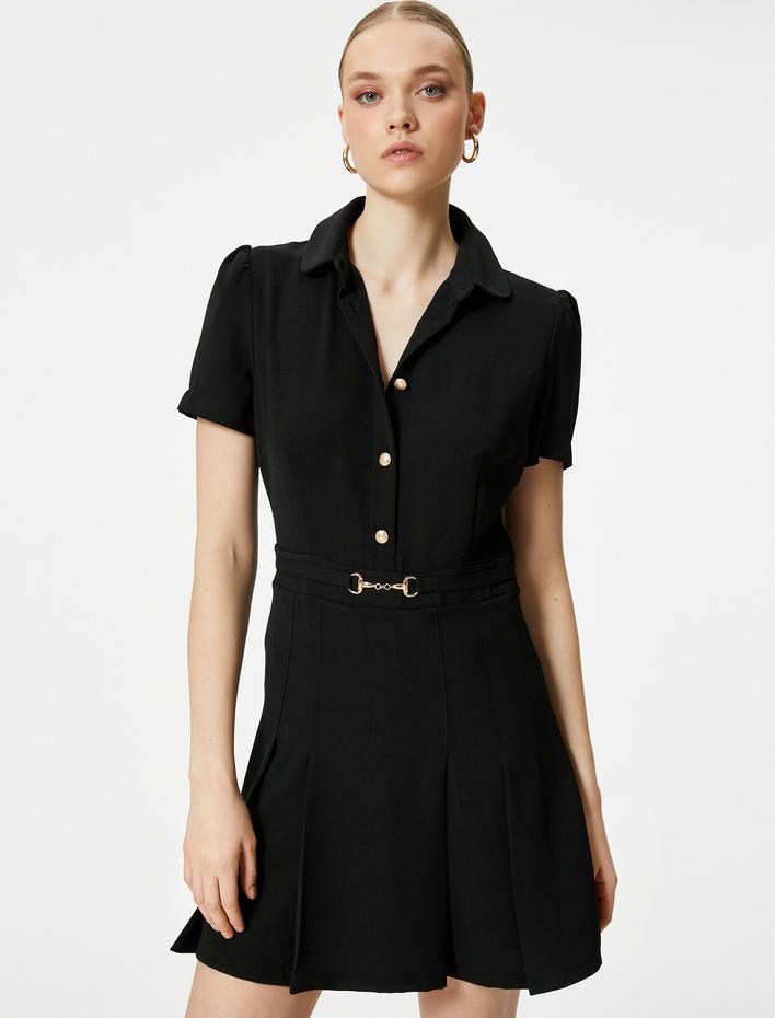  Mini Gömlek Elbise Kısa Kollu Metal Kemerli Pileli