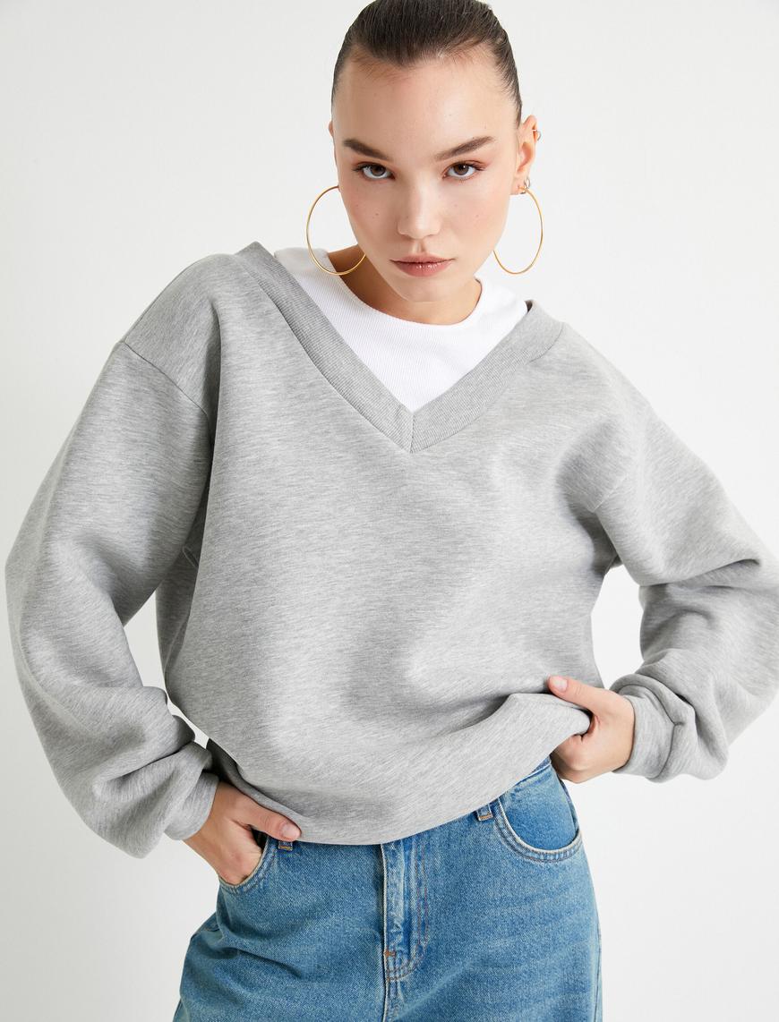   Çift Yaka Basic Sweatshirt Renk Kontrastlı Rahat Kalıp