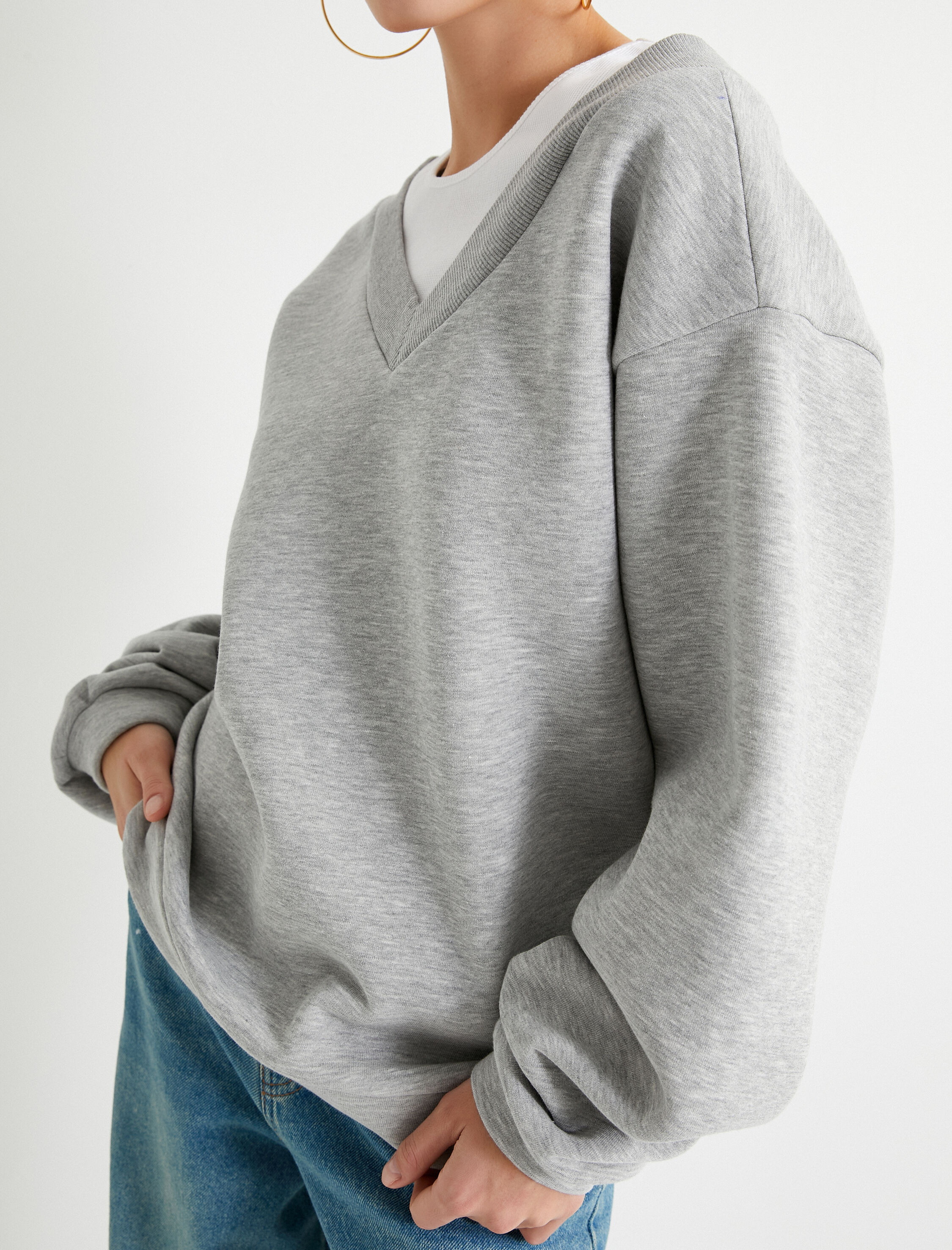   Çift Yaka Basic Sweatshirt Renk Kontrastlı Rahat Kalıp