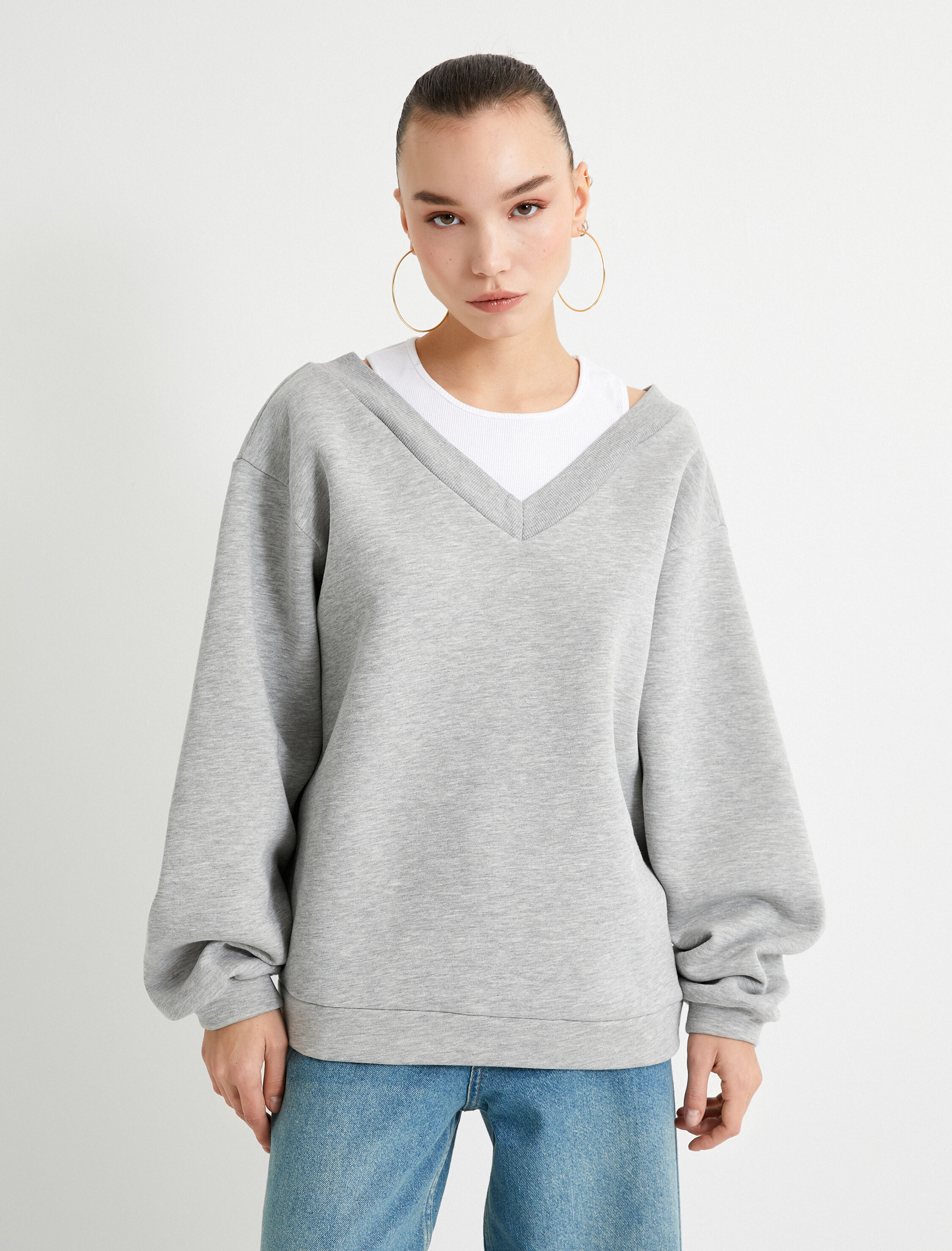   Çift Yaka Basic Sweatshirt Renk Kontrastlı Rahat Kalıp