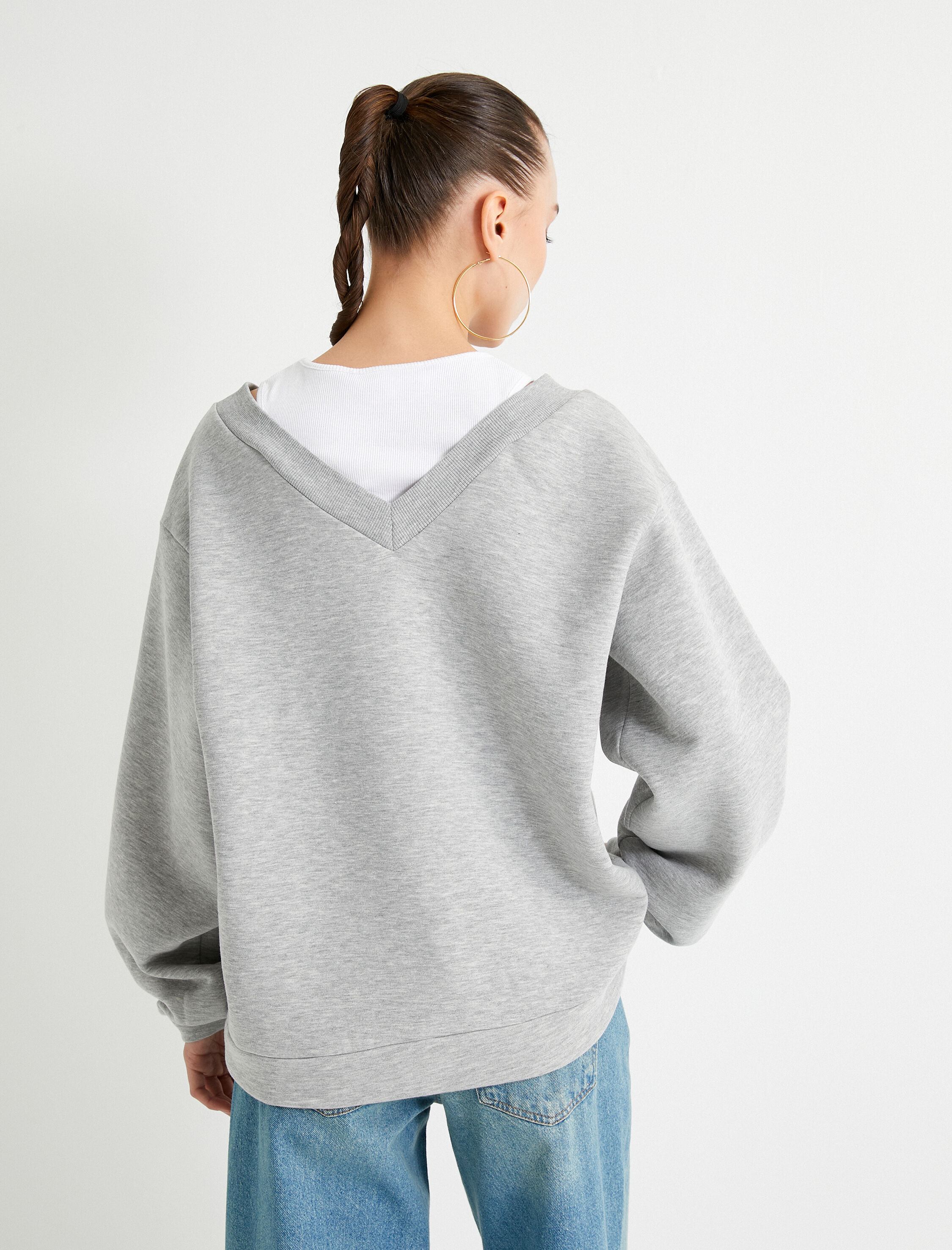  Çift Yaka Basic Sweatshirt Renk Kontrastlı Rahat Kalıp