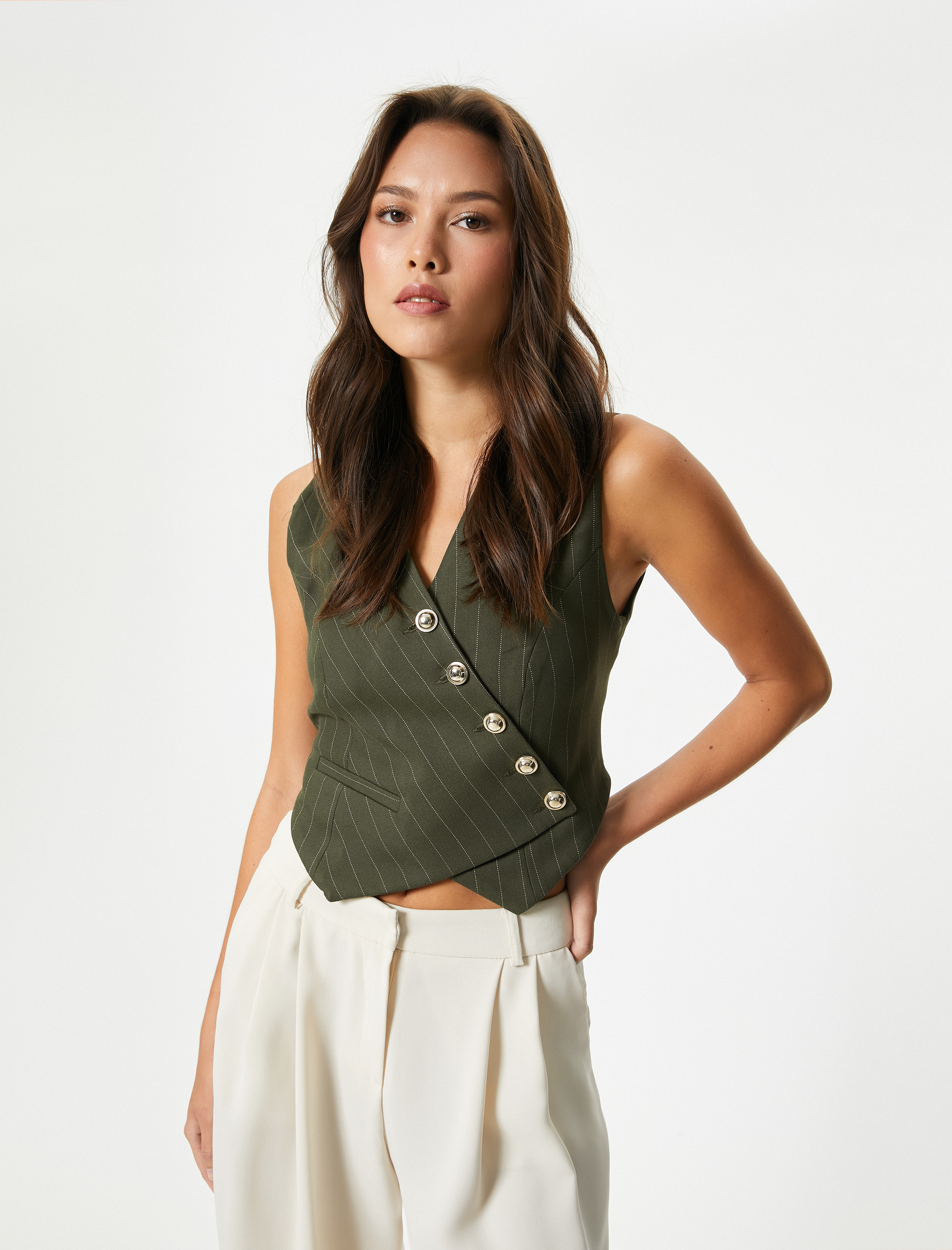   Yelek Asimetrik Kruvaze Kapama Düğmeli Cepli