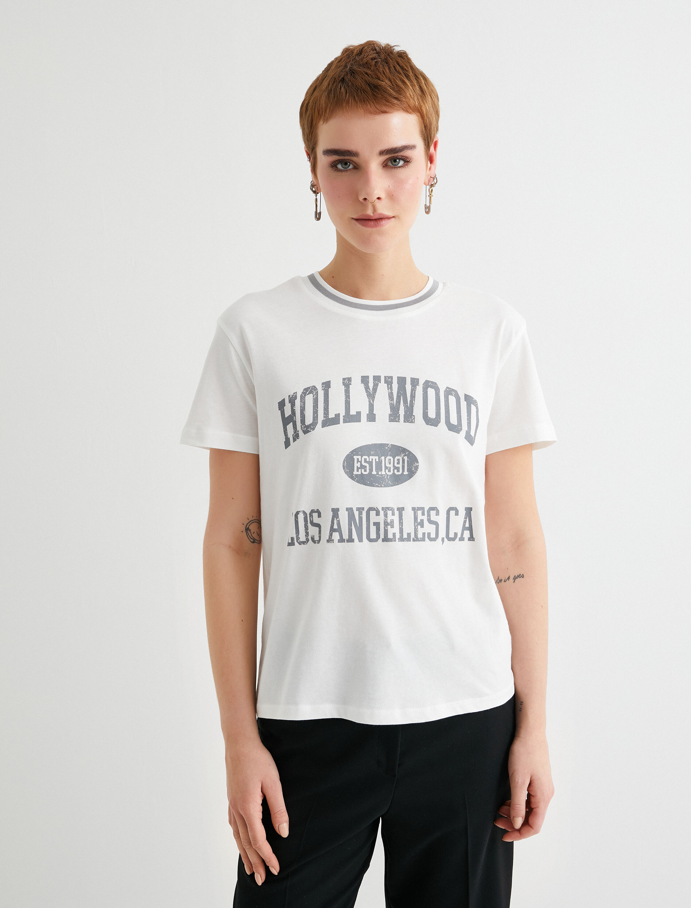 Hollywood Tişört Baskılı Kısa Kollu Bisiklet Yaka Pamuklu