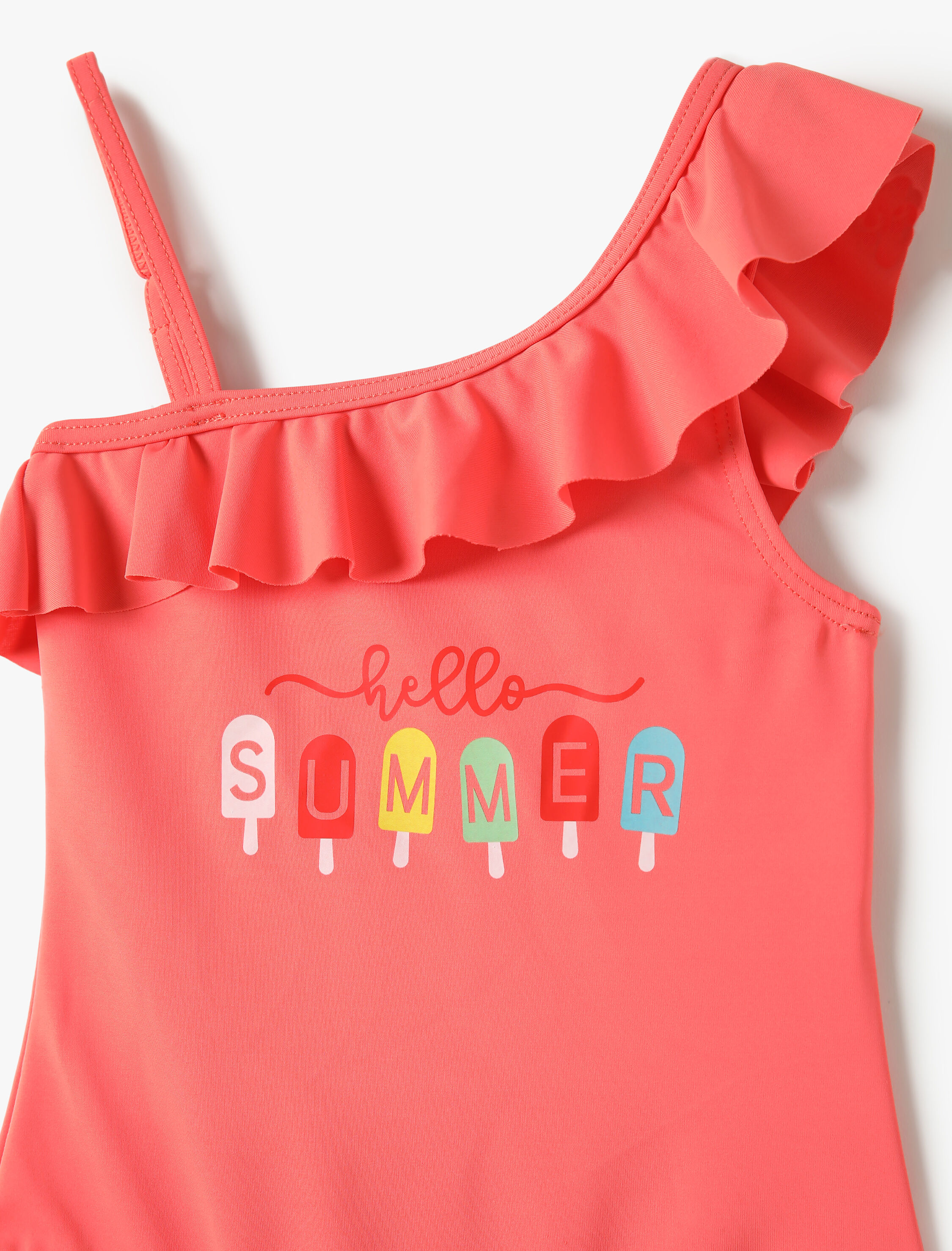  Kız Çocuk Mayo Tek Omuz Askılı Baskı Detaylı Fırfırlı