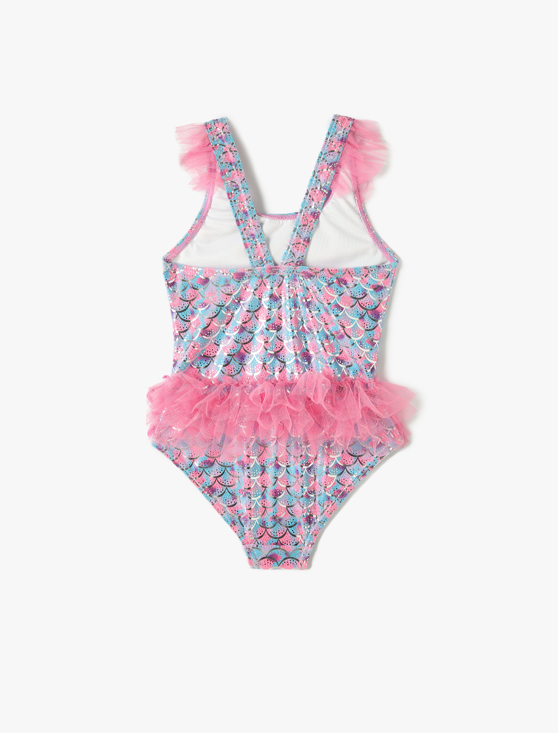  Kız Çocuk Mayo Tül Detaylı Deniz Kızı Baskılı