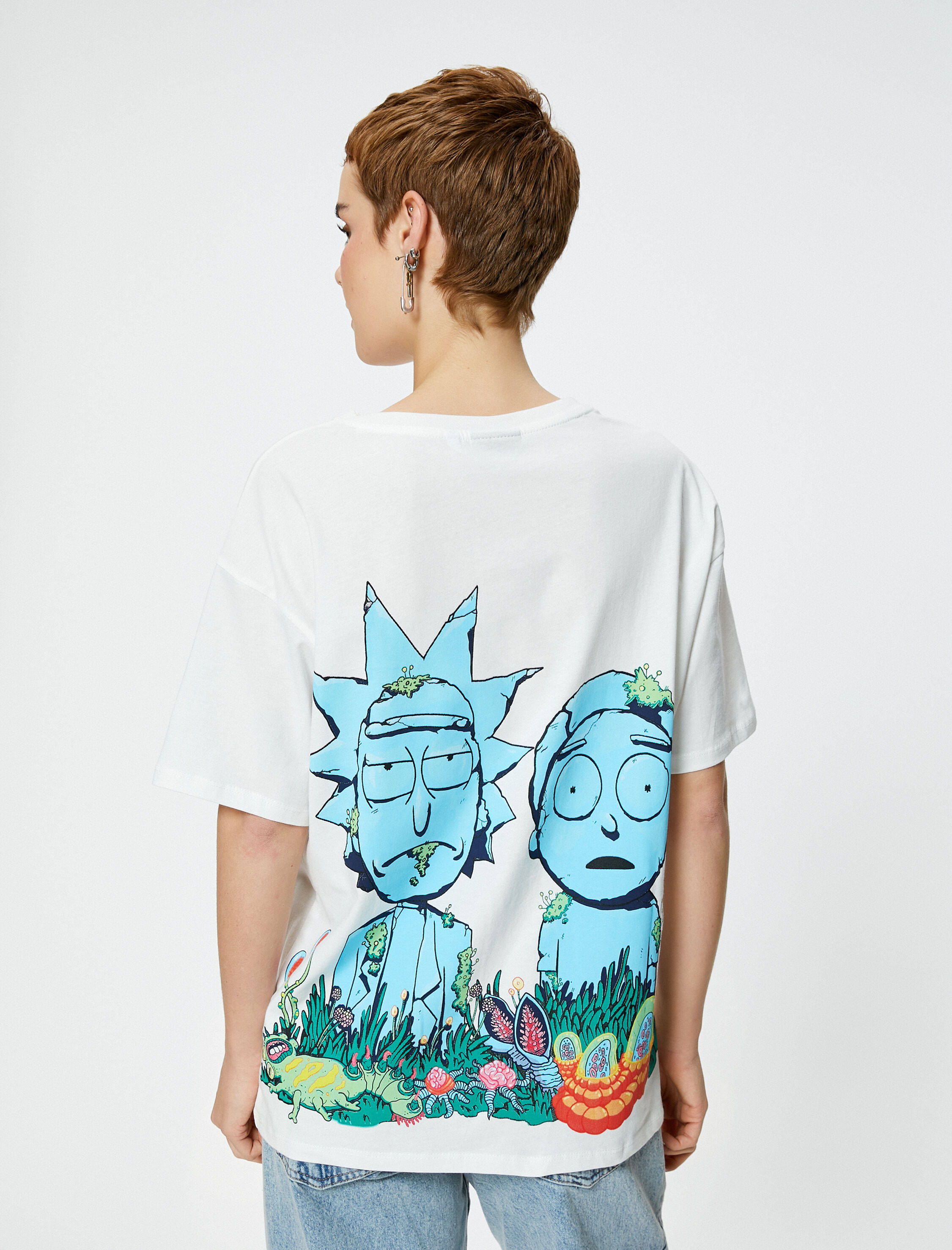   Rick and Morty Tişört Arkası Baskılı Kısa Kollu Bisiklet Yaka Pamuklu Lisanslı