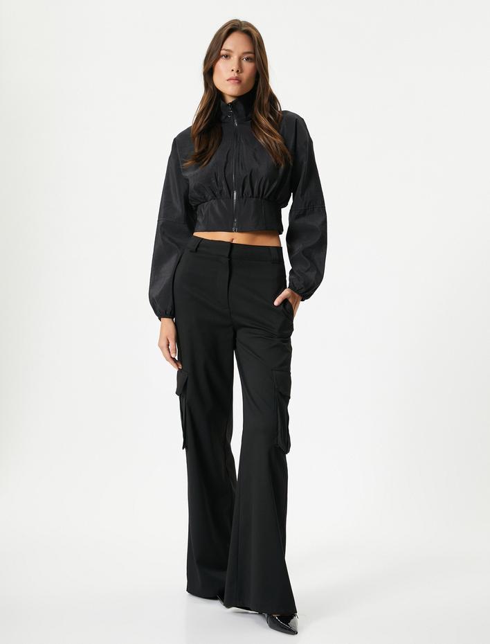  Crop Bomber Ceket Fermuarlı Dik Yaka