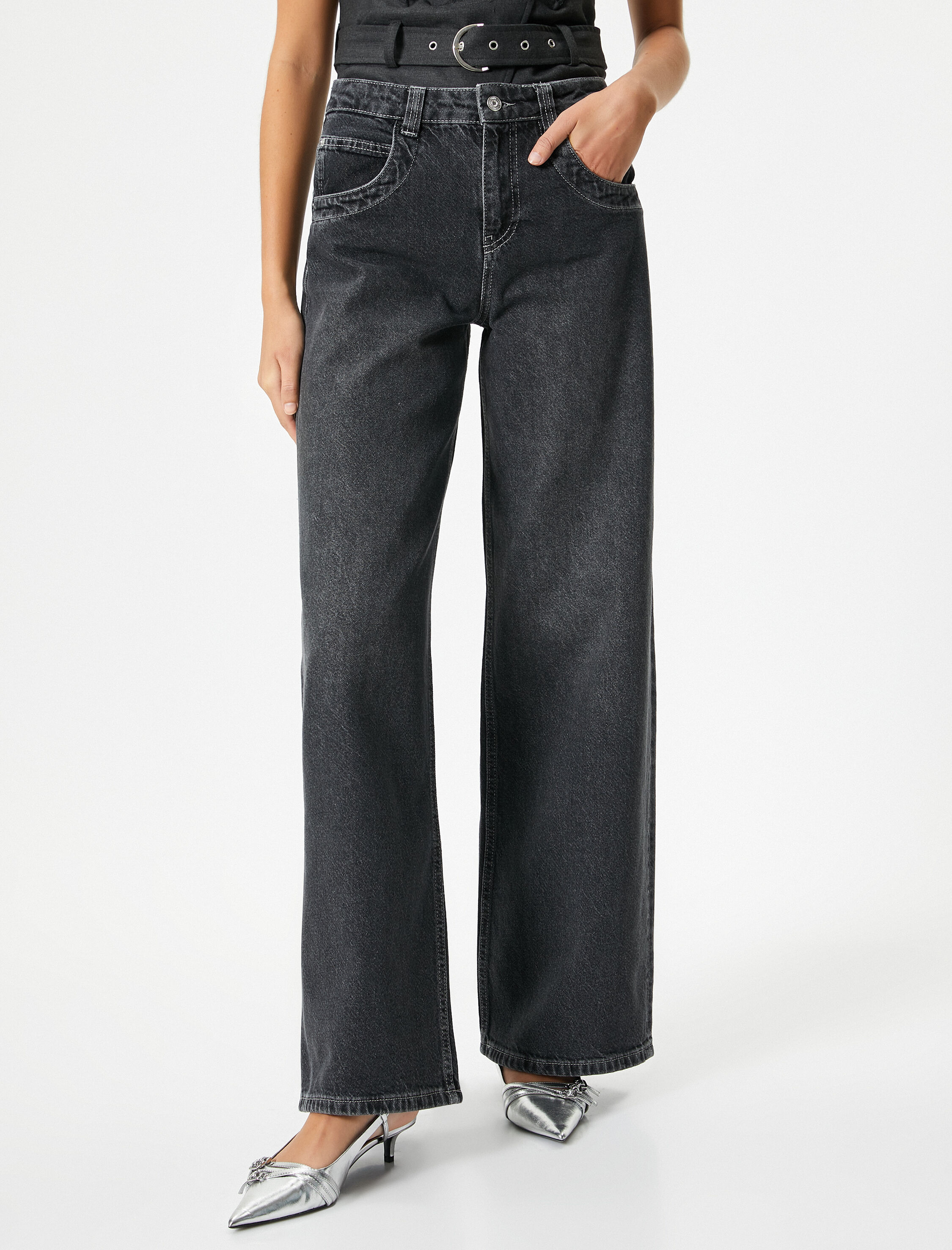 Geniş Düz Paça Kot Pantolon Standart Bel Cepli Pamuklu - Bianca Jeans