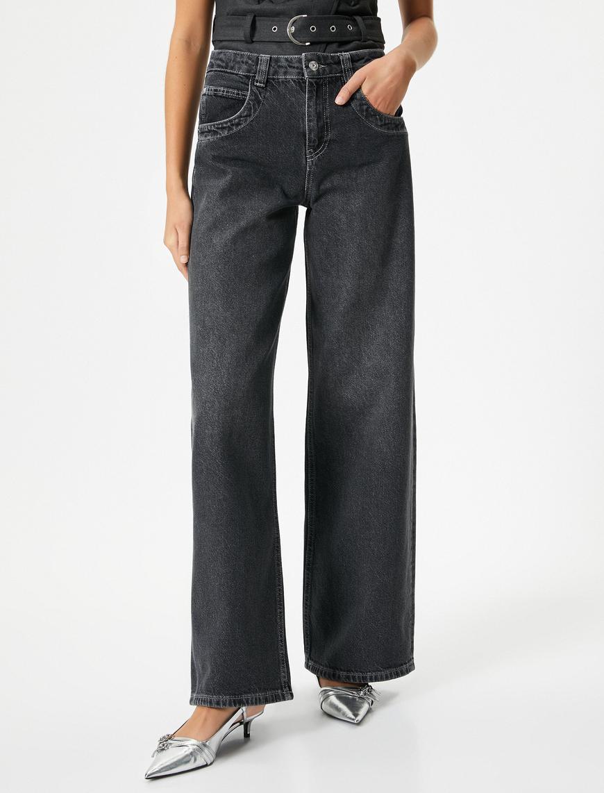   Geniş Düz Paça Kot Pantolon Standart Bel Cepli Pamuklu - Bianca Jeans