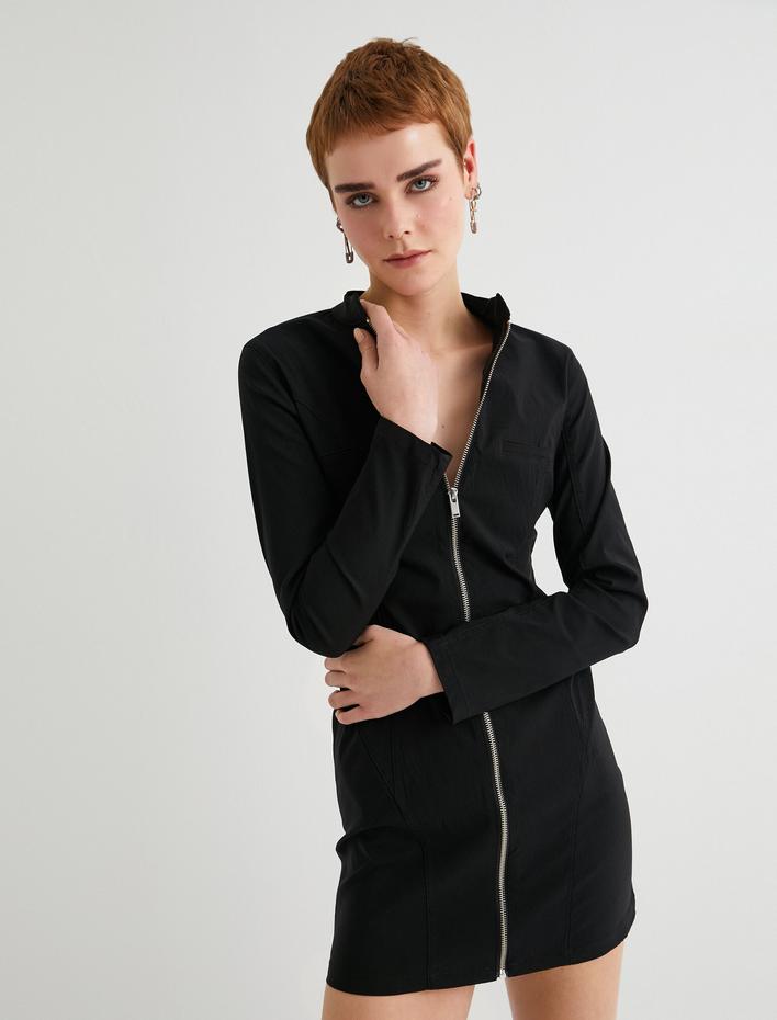  Fermuarlı Mini Elbise Uzun Kollu Dik Yaka Slim Fit Cep Detaylı
