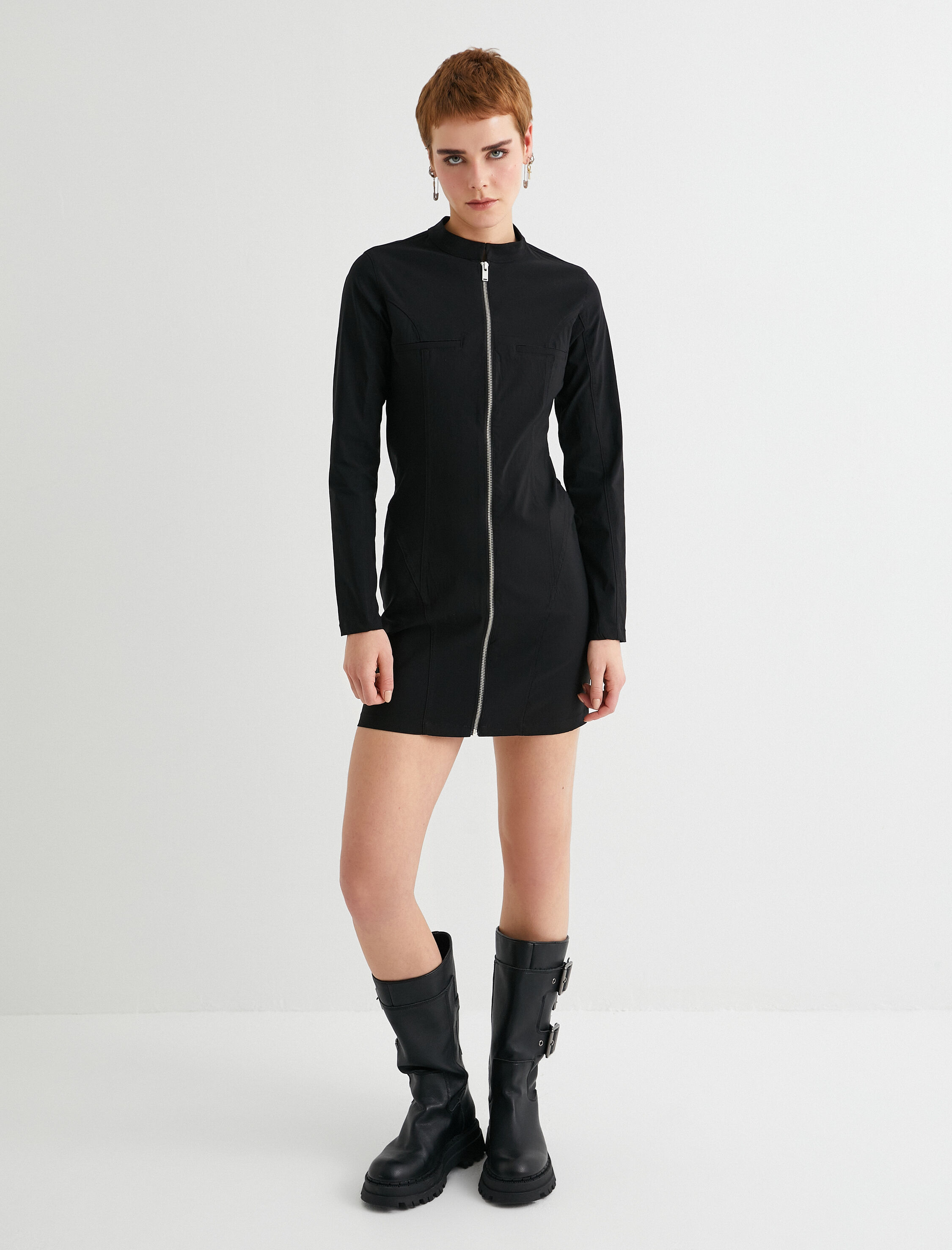   Fermuarlı Mini Elbise Uzun Kollu Dik Yaka Slim Fit Cep Detaylı