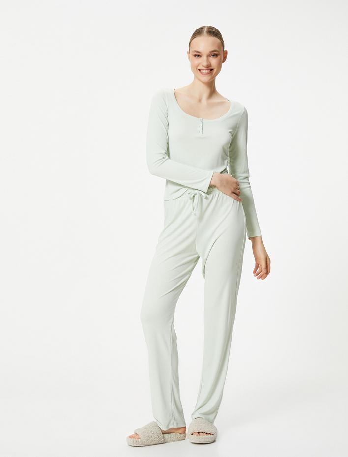  Düğmeli Pijama Üstü Uzun Kollu Yuvarlak Yaka Modal Karışımlı