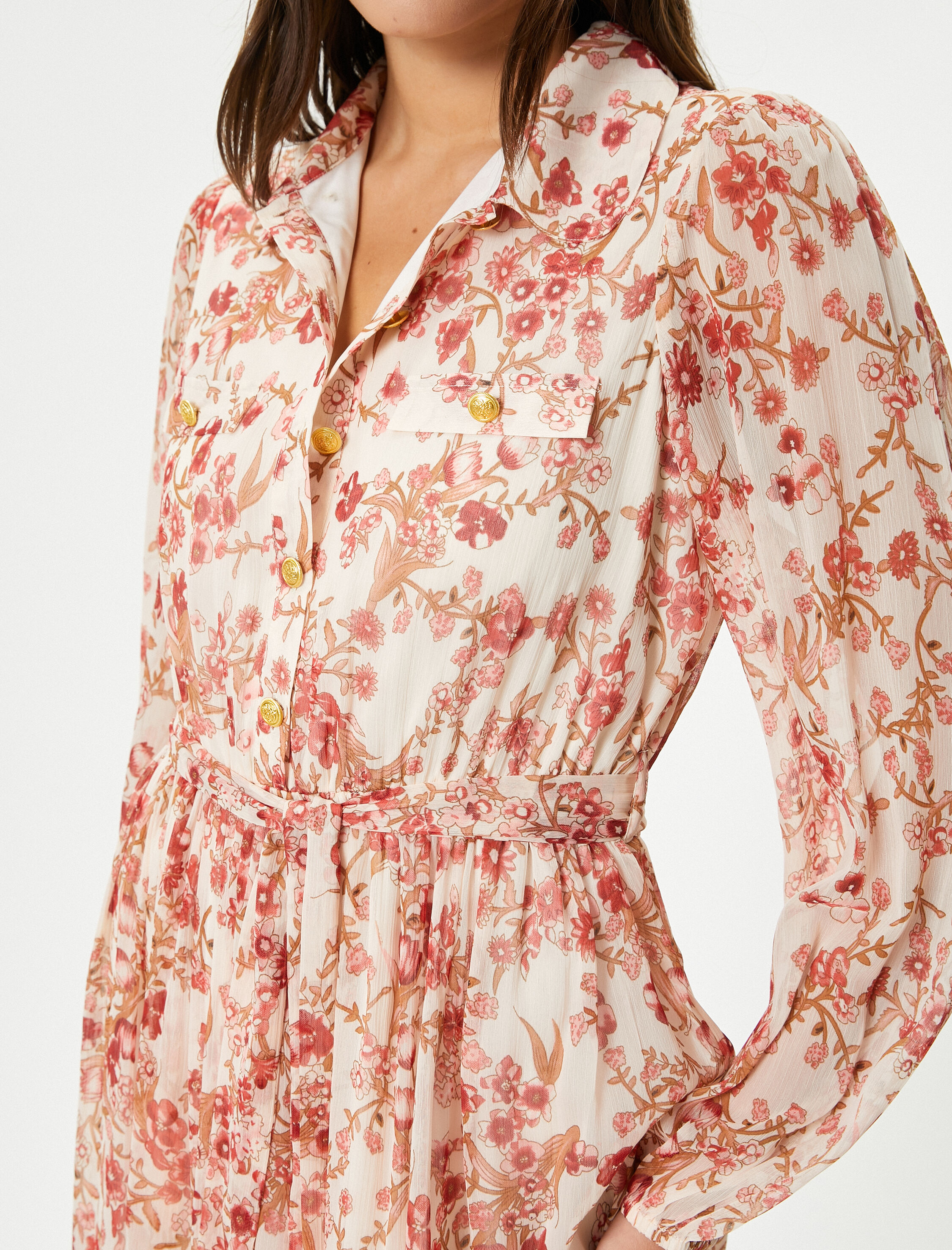   Çiçekli Uzun Elbise Balon Kol Beli Kuşaklı Düğmeli