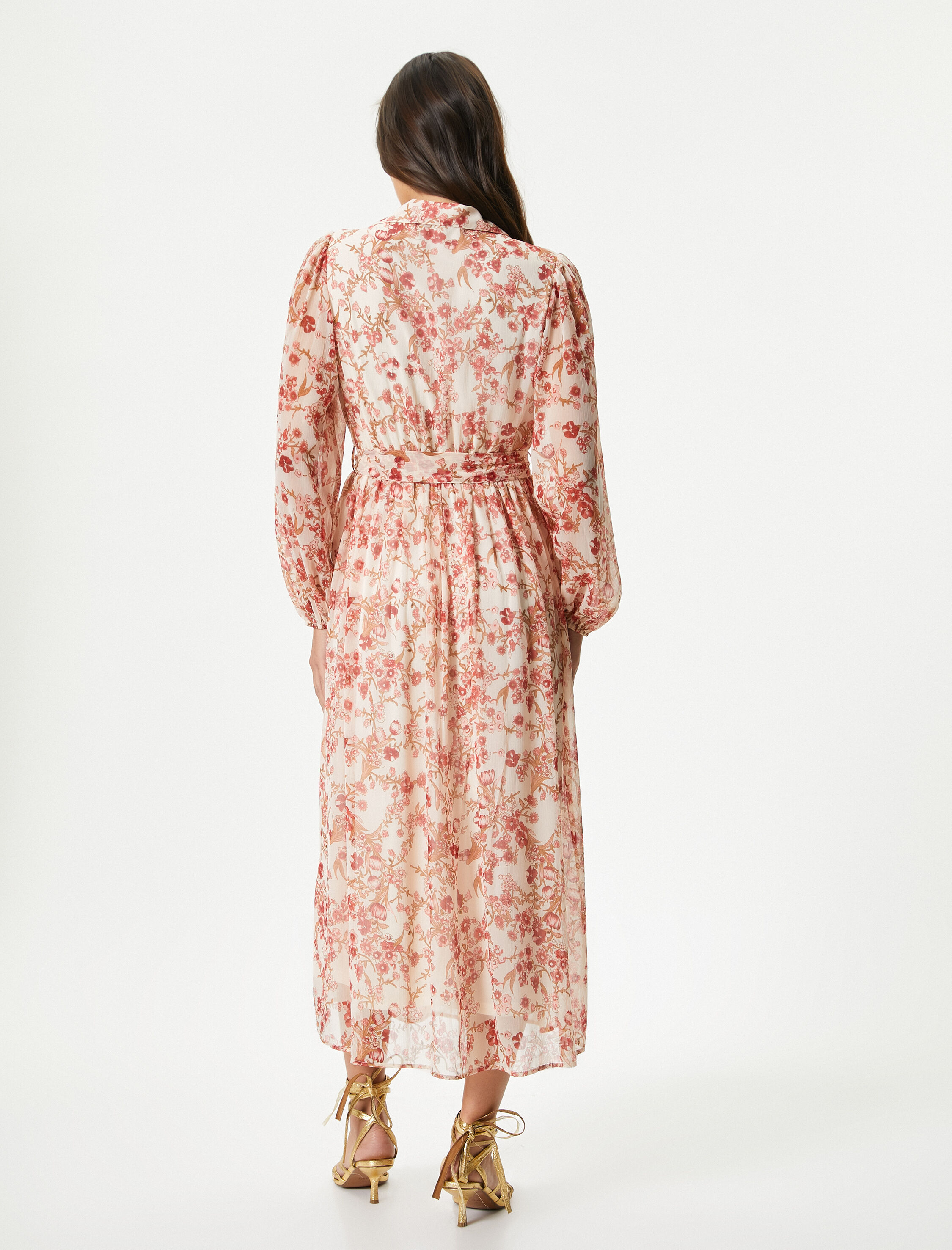   Çiçekli Uzun Elbise Balon Kol Beli Kuşaklı Düğmeli